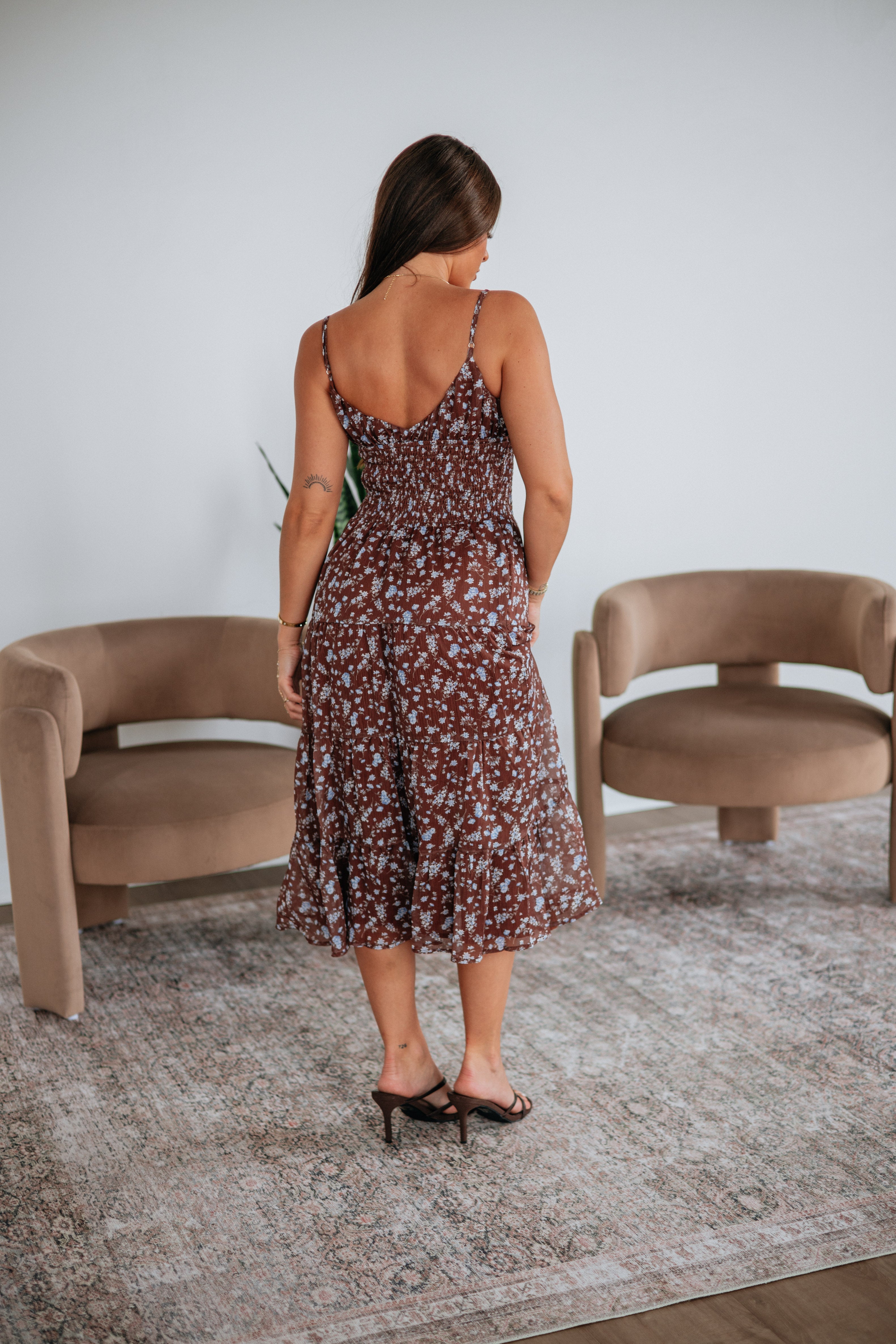 Straight Neck Smocked Back Tiered Floral Midi Dress in Chestnut
