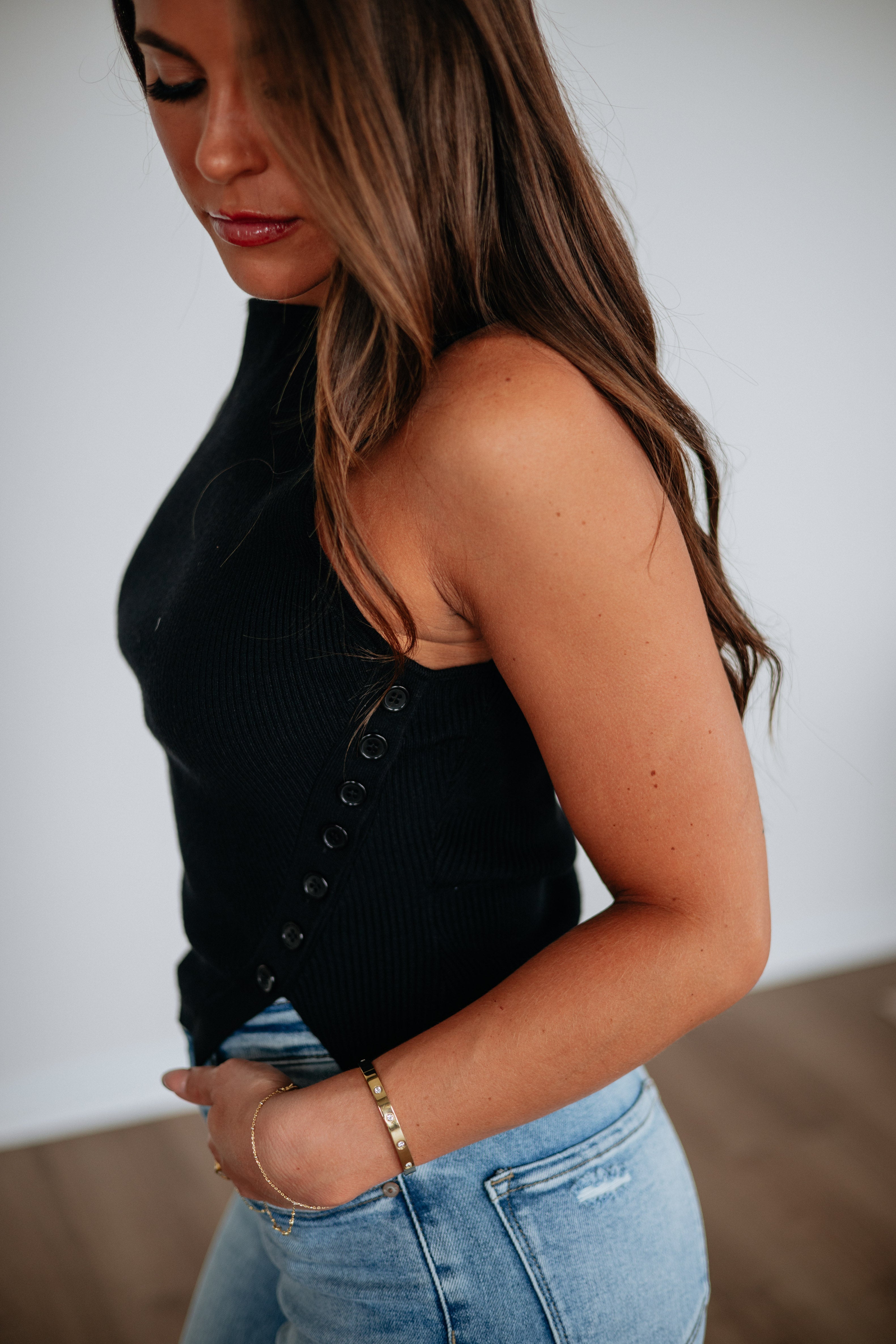 Boat Neck Side Button Ribbed Knit Cropped Top