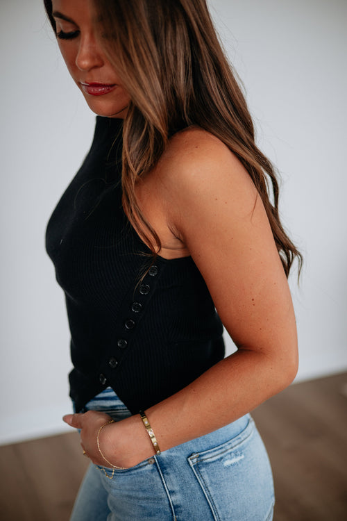 Boat Neck Side Button Ribbed Knit Cropped Top