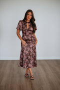 Keyhole Flutter Sleeve Floral Fitted Satin Midi Dress in Chocolate
