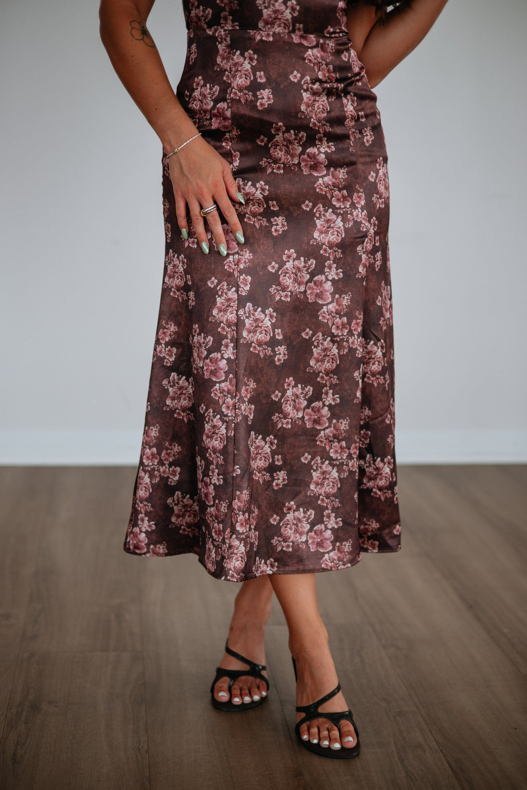 Keyhole Flutter Sleeve Floral Fitted Satin Midi Dress in Chocolate