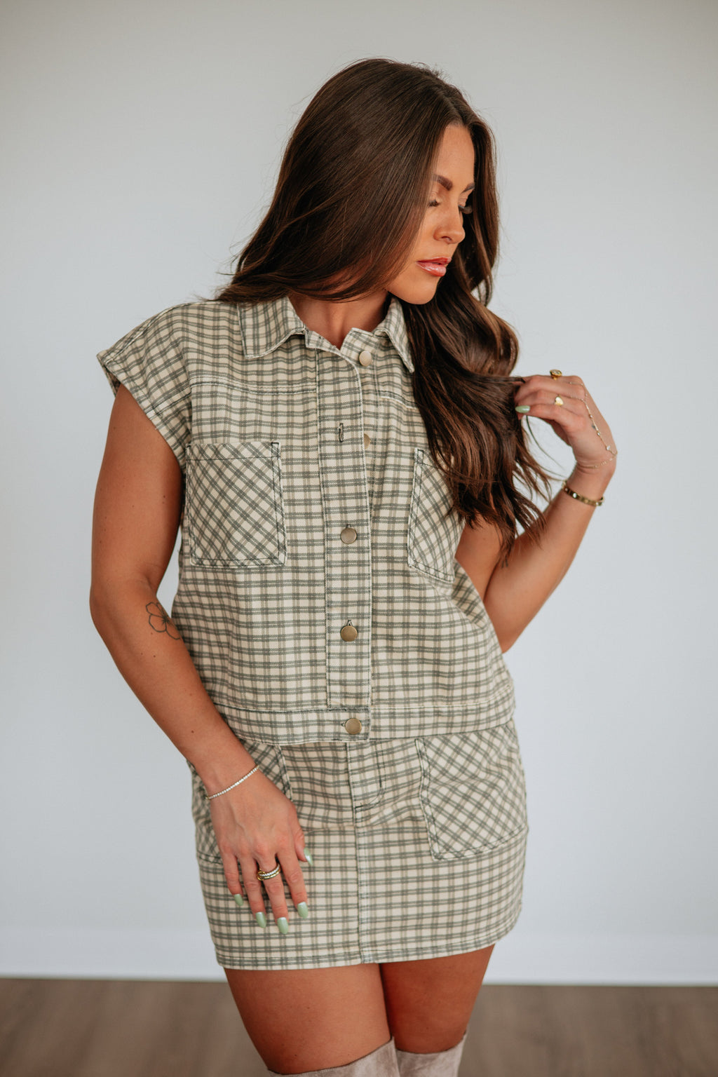 Checkered High Rise Fitted Mini Skirt in Sand Cotton