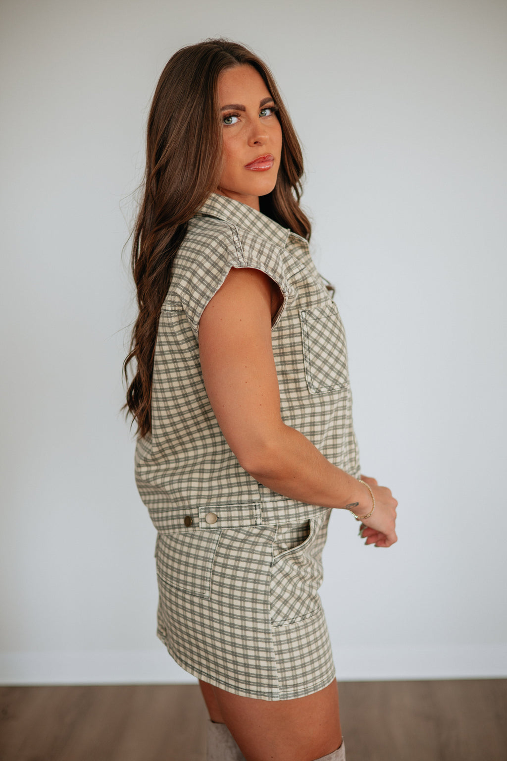 Checkered High Rise Fitted Mini Skirt in Sand Cotton
