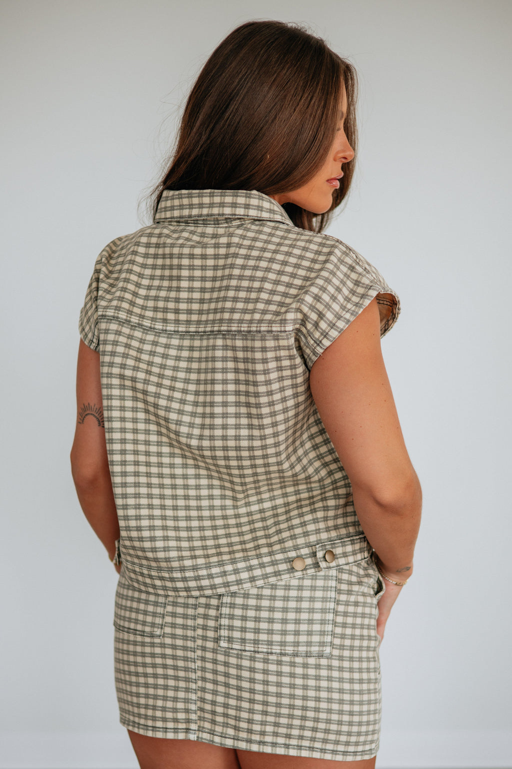 Checkered High Rise Fitted Mini Skirt in Sand Cotton