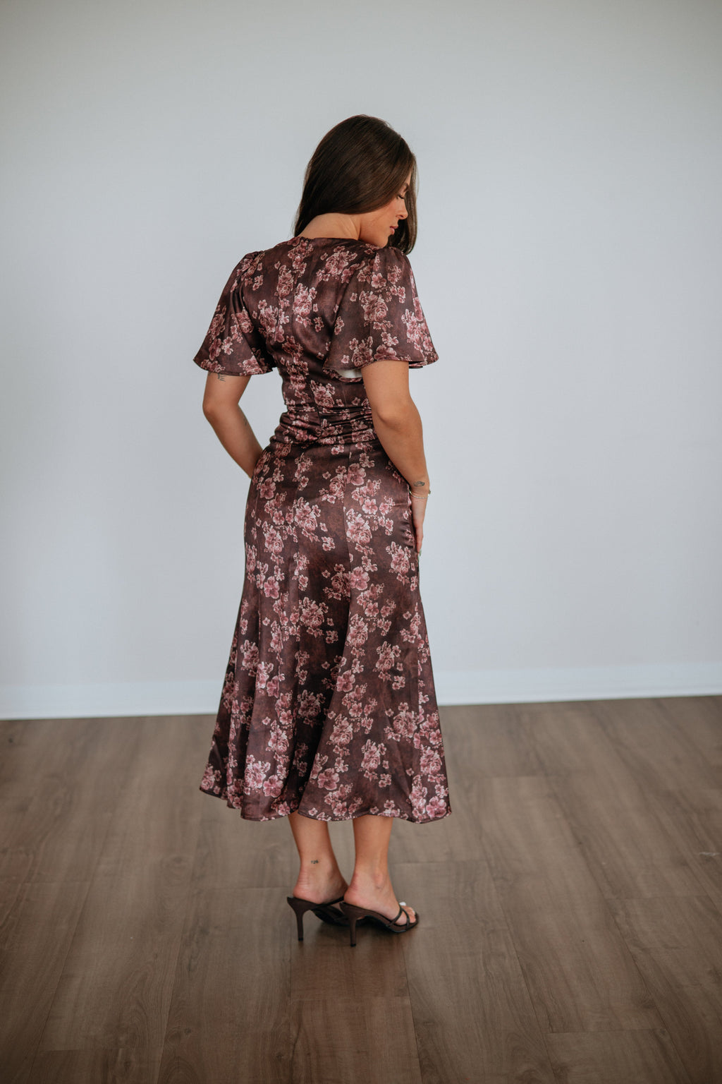Keyhole Flutter Sleeve Floral Fitted Satin Midi Dress in Chocolate