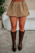 Pleated Bubble Hem Mini Skort in Camel Faux Suede