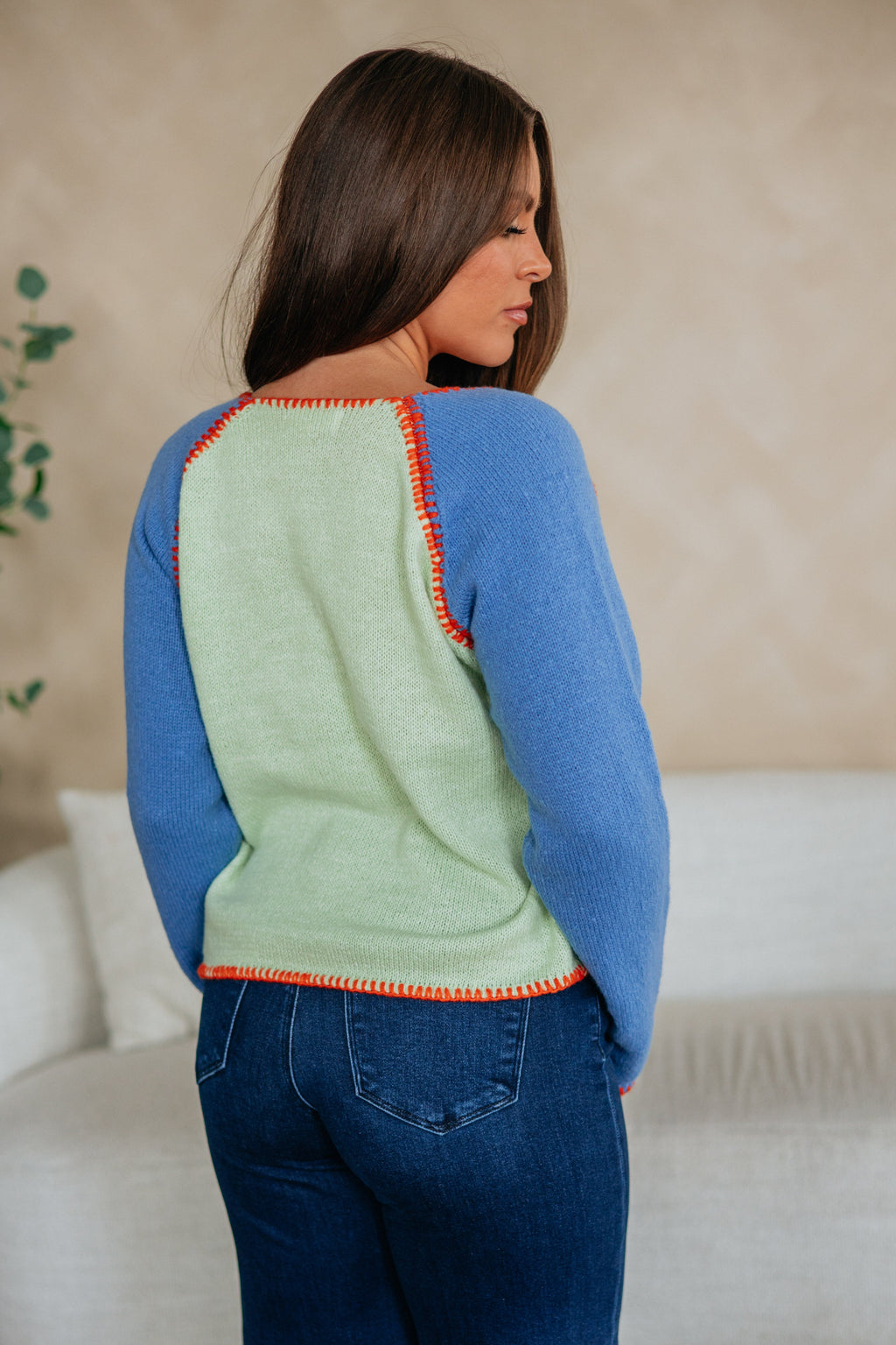 Round Neck Long Sleeve Colorblock Whipstitch Sweater Knit Cardigan