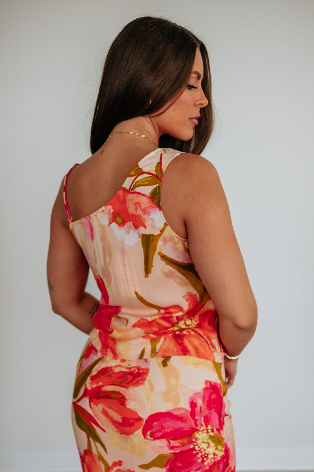Asymmetrical Cowl Neck Floral Relaxed Rayon Top in Fuchsia