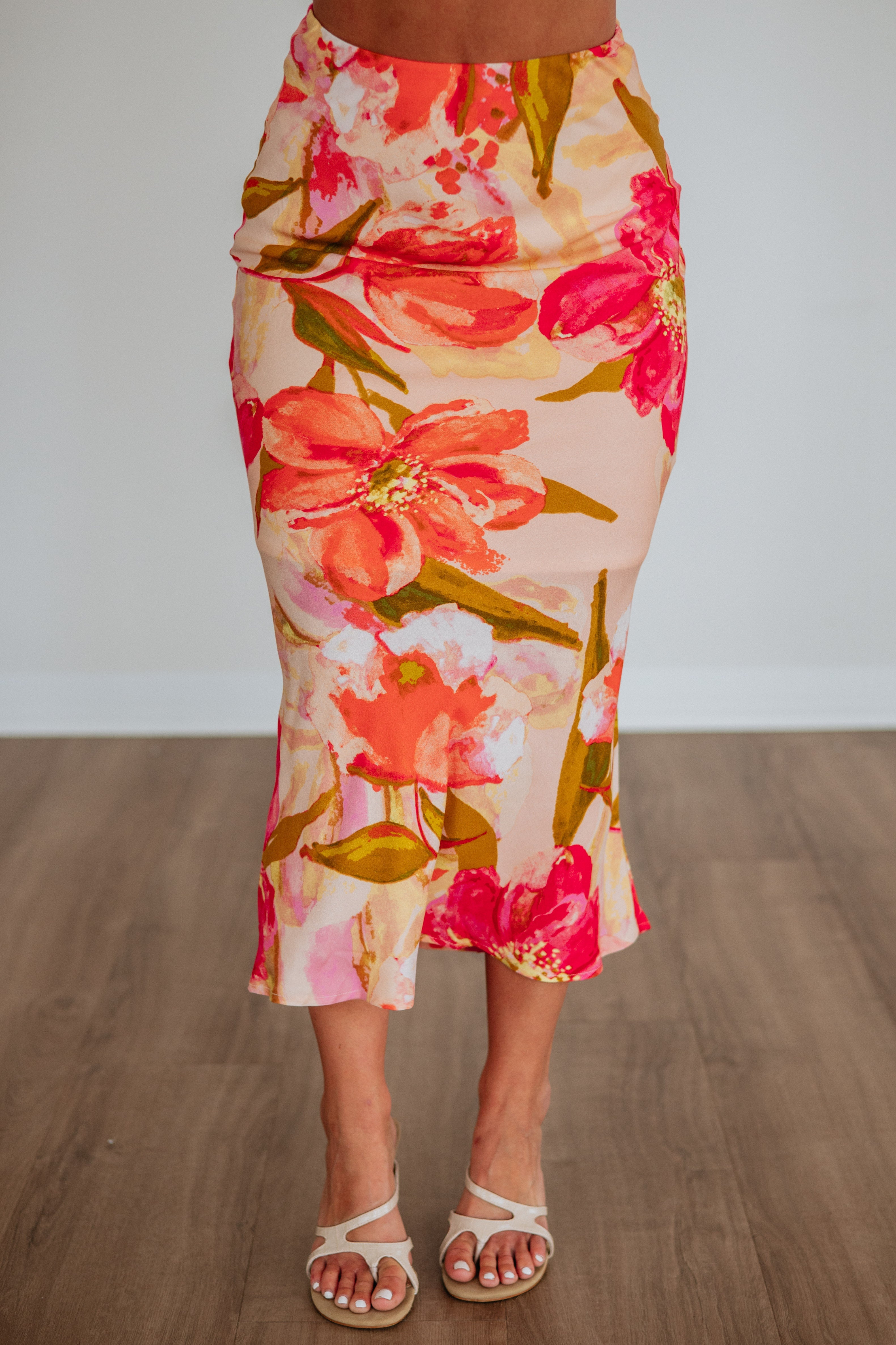 Floral Print Flared Midi Skirt in Fuchsia Rayon