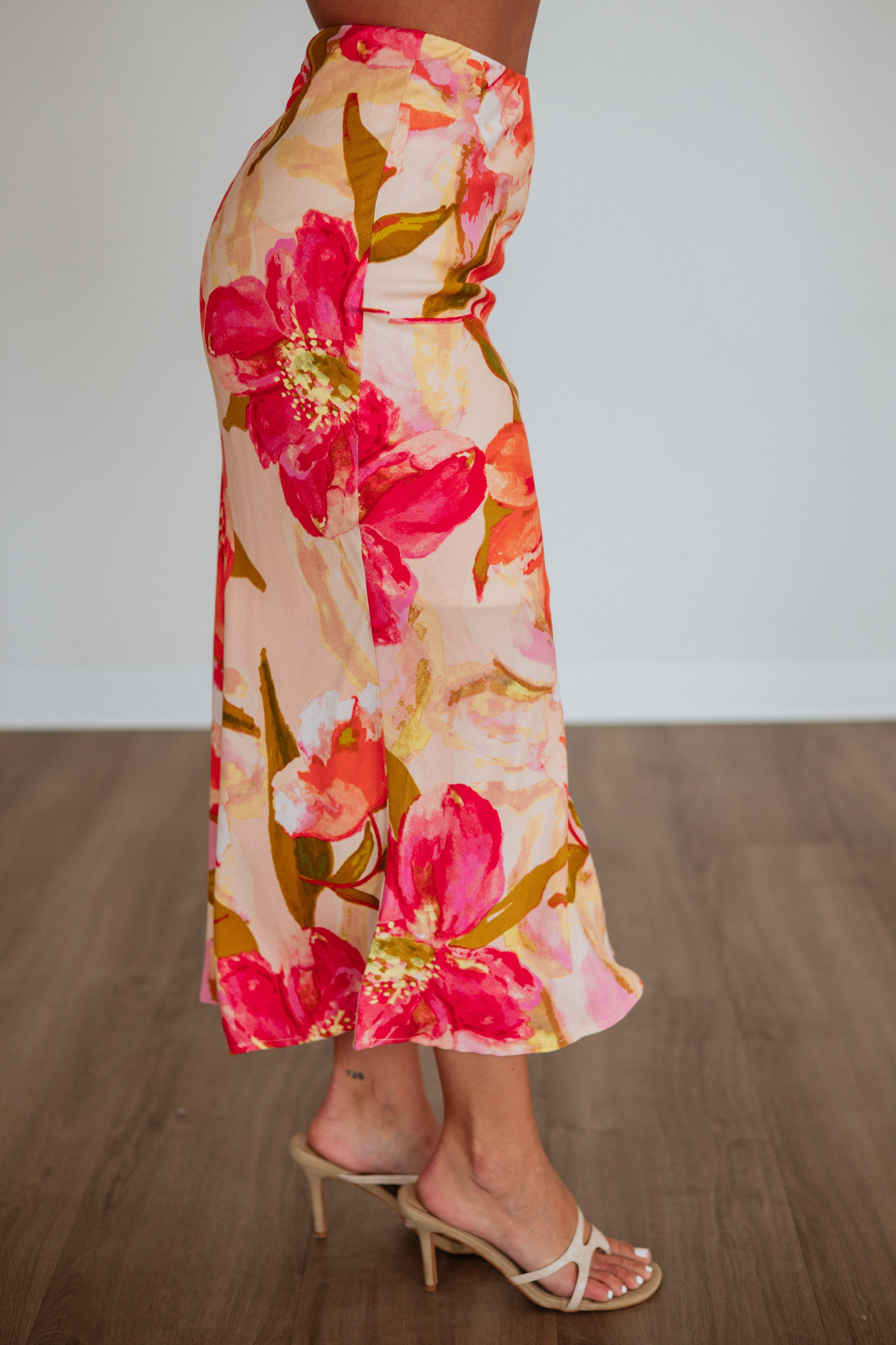 Floral Print Flared Midi Skirt in Fuchsia Rayon