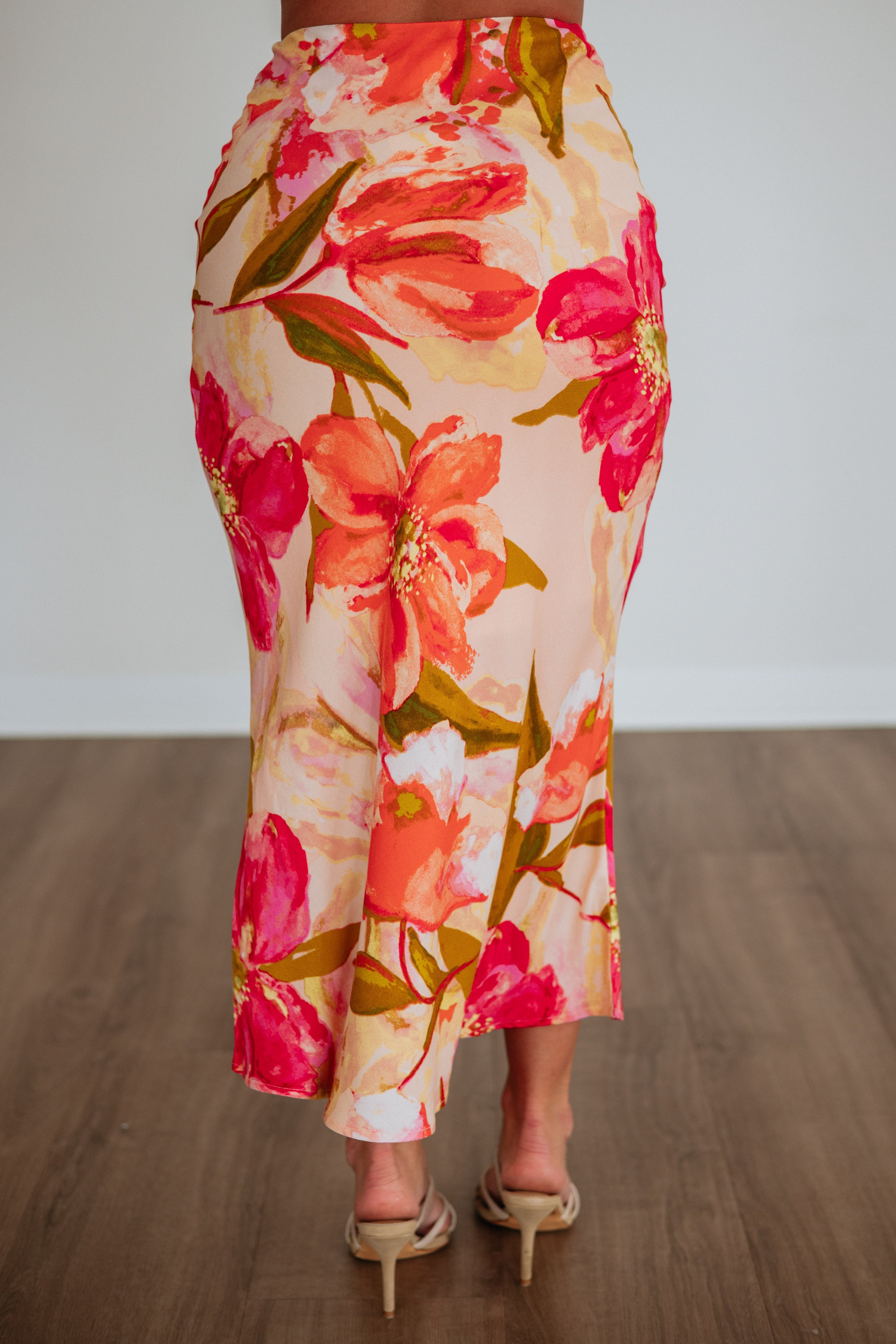 Floral Print Flared Midi Skirt in Fuchsia Rayon