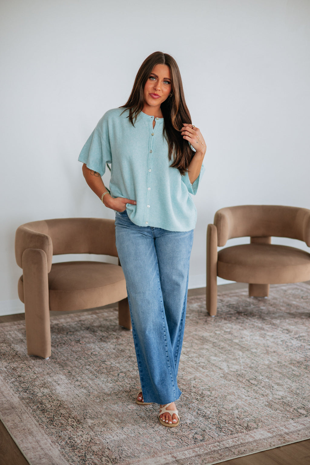 Round Neck Short Sleeve Drop Shoulder Sweater Knit Cardigan