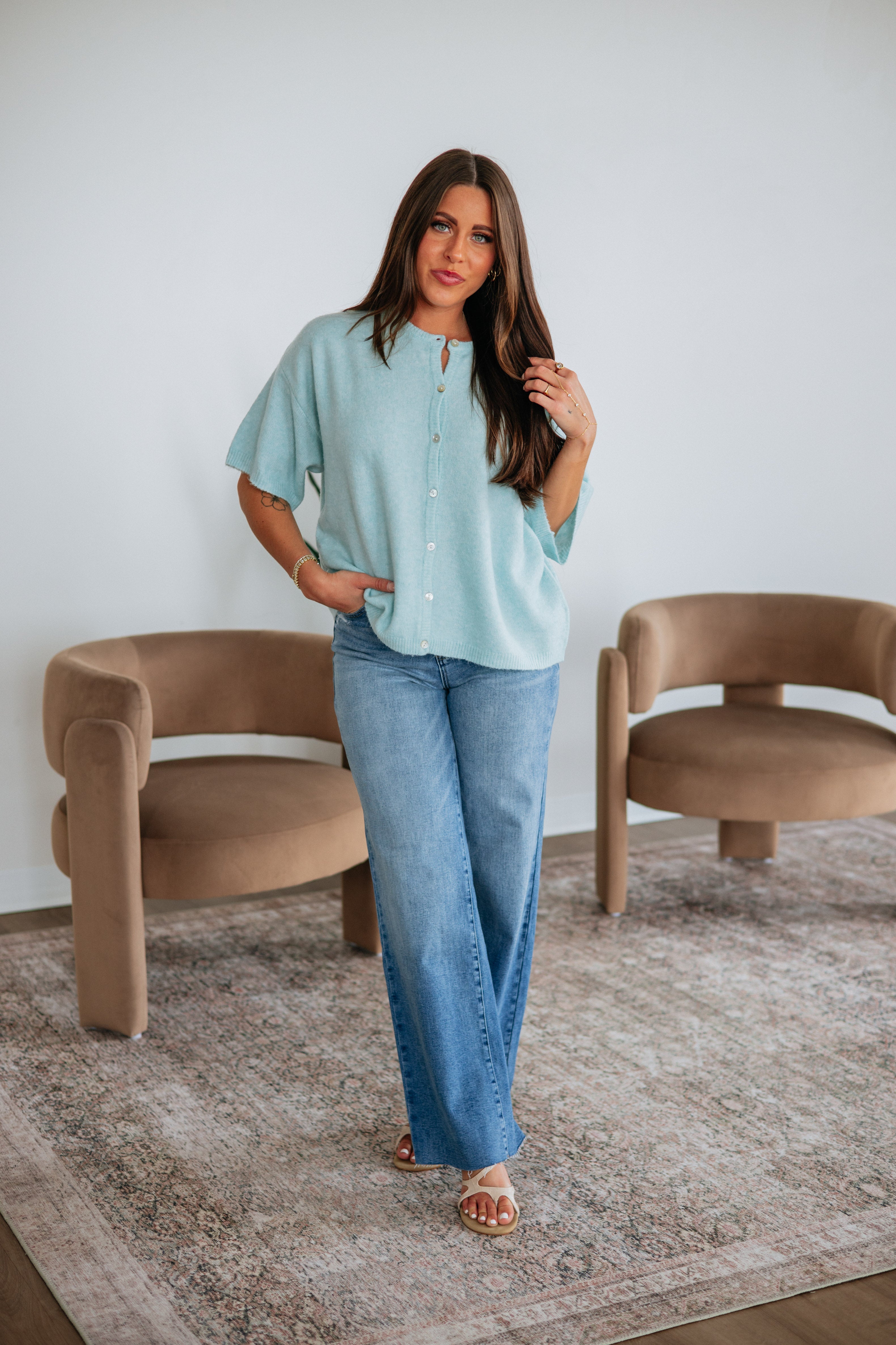 Round Neck Short Sleeve Drop Shoulder Sweater Knit Cardigan