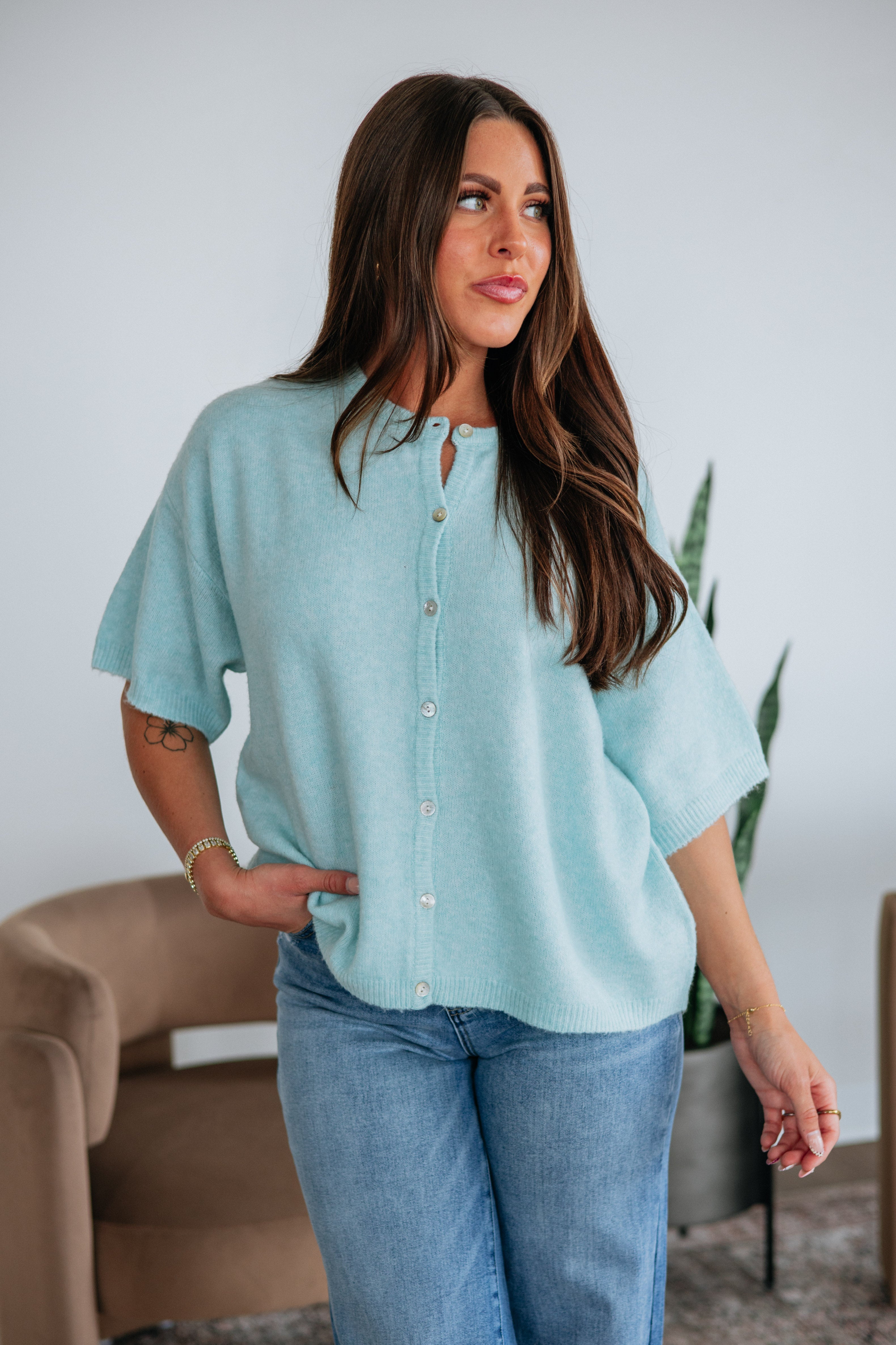 Round Neck Short Sleeve Drop Shoulder Sweater Knit Cardigan