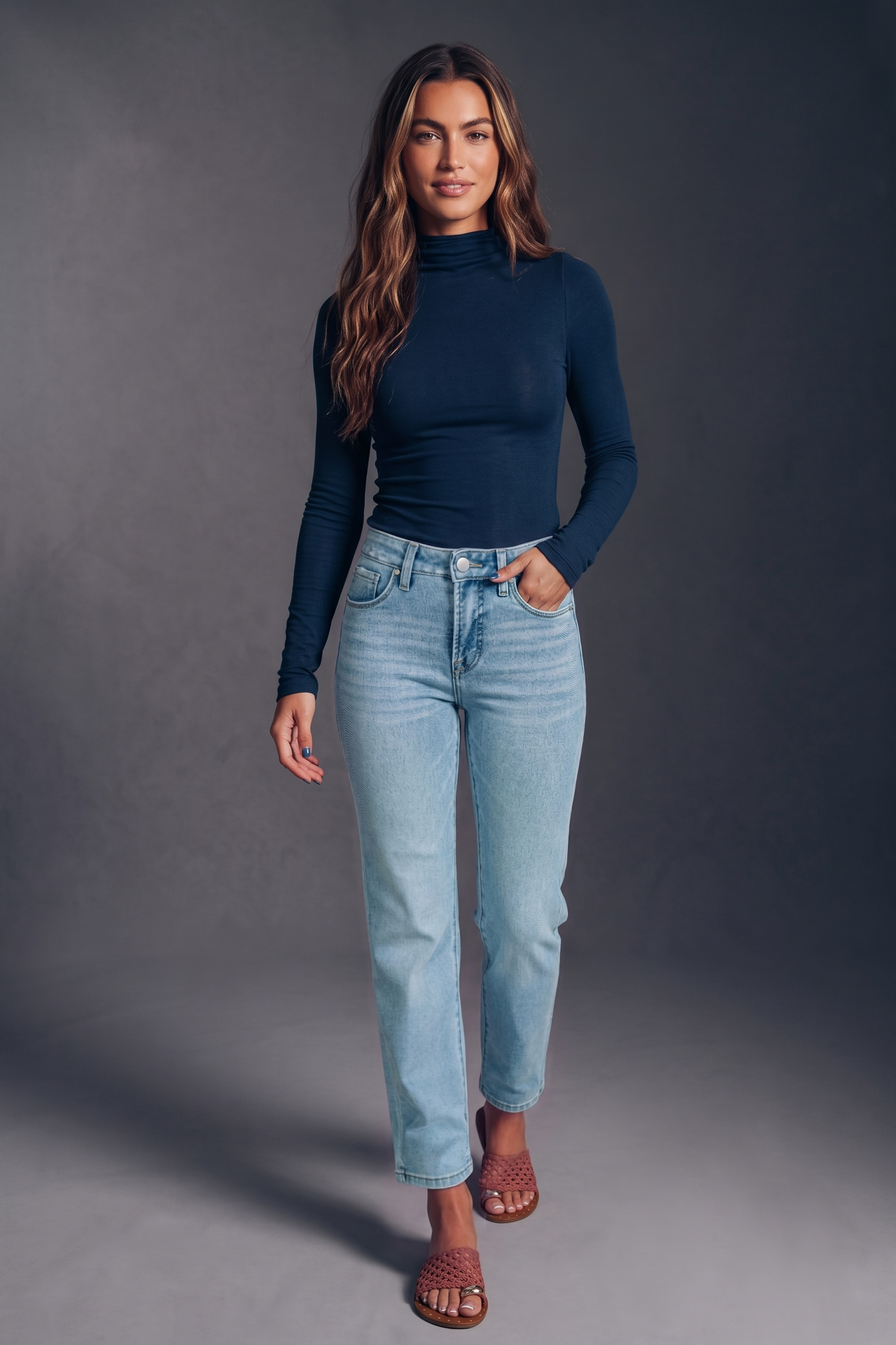 Mid Rise Slim Straight Tummy Control Jeans in Light Wash Cotton