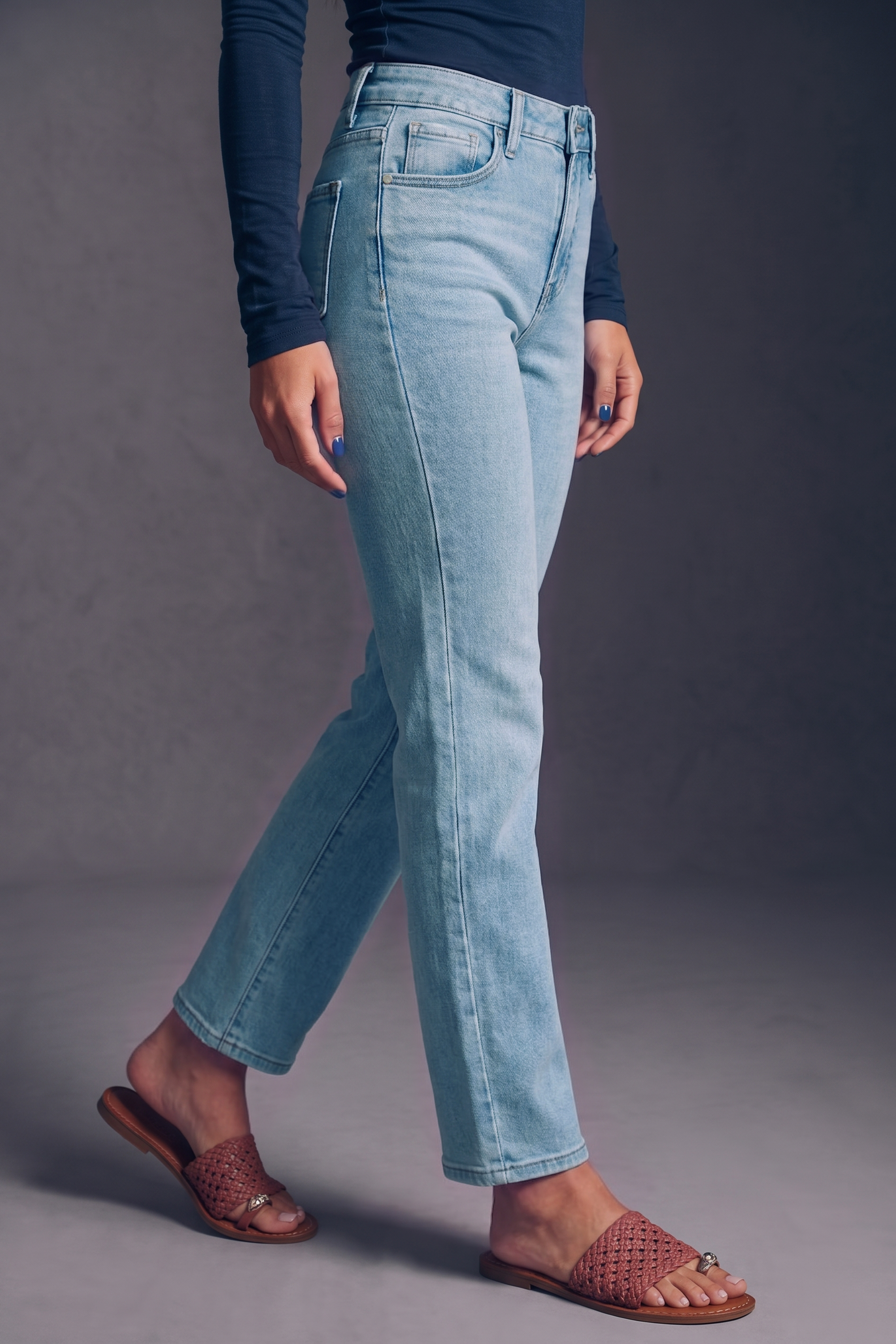 Mid Rise Slim Straight Tummy Control Jeans in Light Wash Cotton