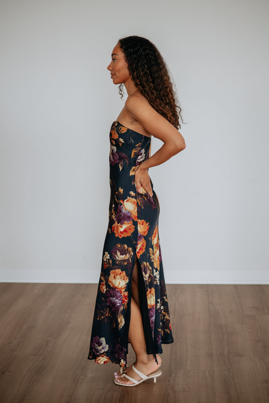Strapless Bold Floral Satin Maxi Dress in Navy Polyester