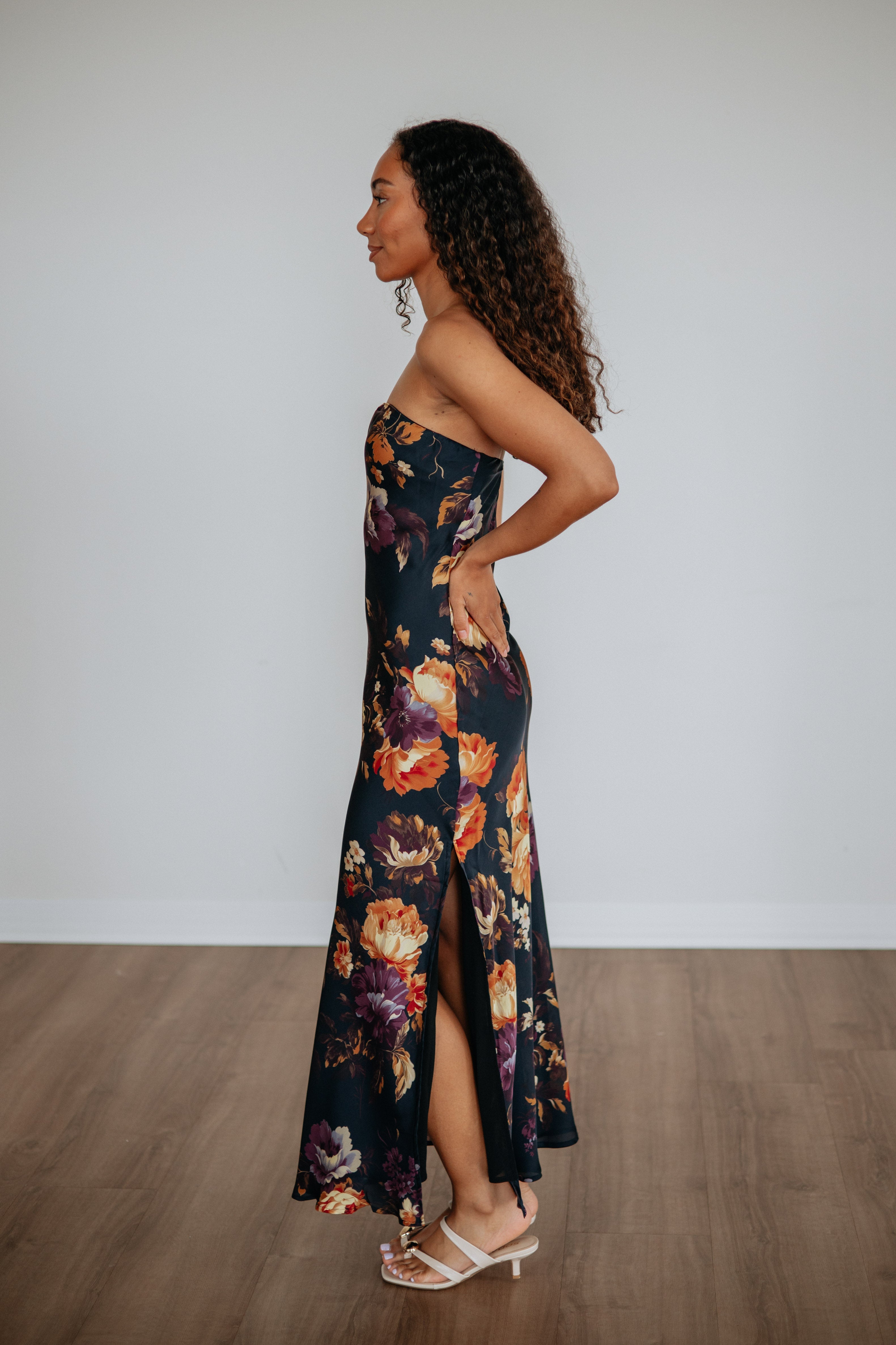 Strapless Bold Floral Satin Maxi Dress in Navy Polyester