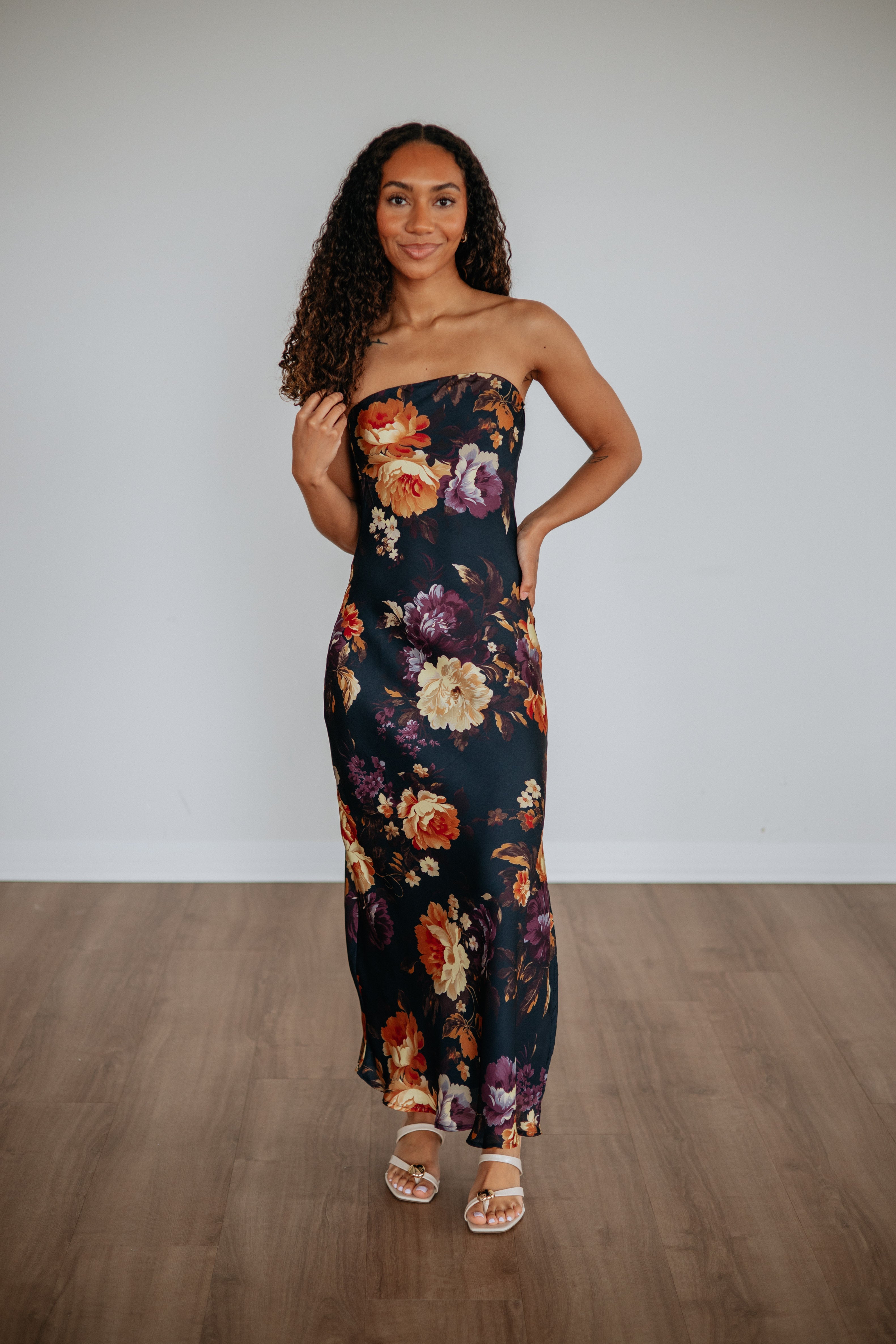 Strapless Bold Floral Satin Maxi Dress in Navy Polyester