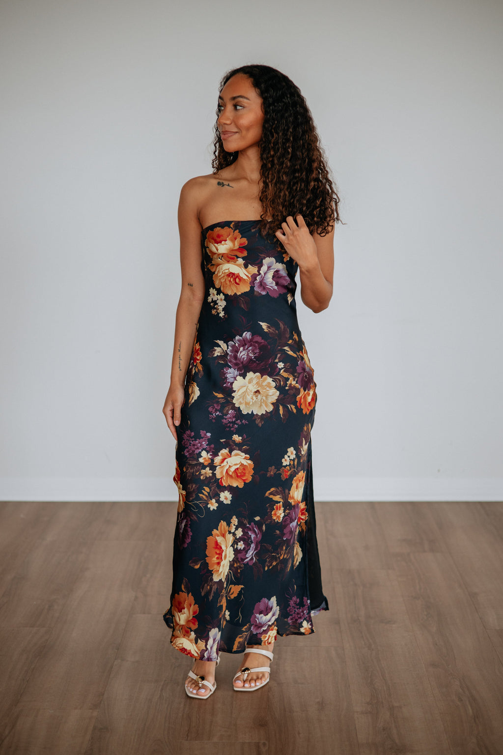 Strapless Bold Floral Satin Maxi Dress in Navy Polyester