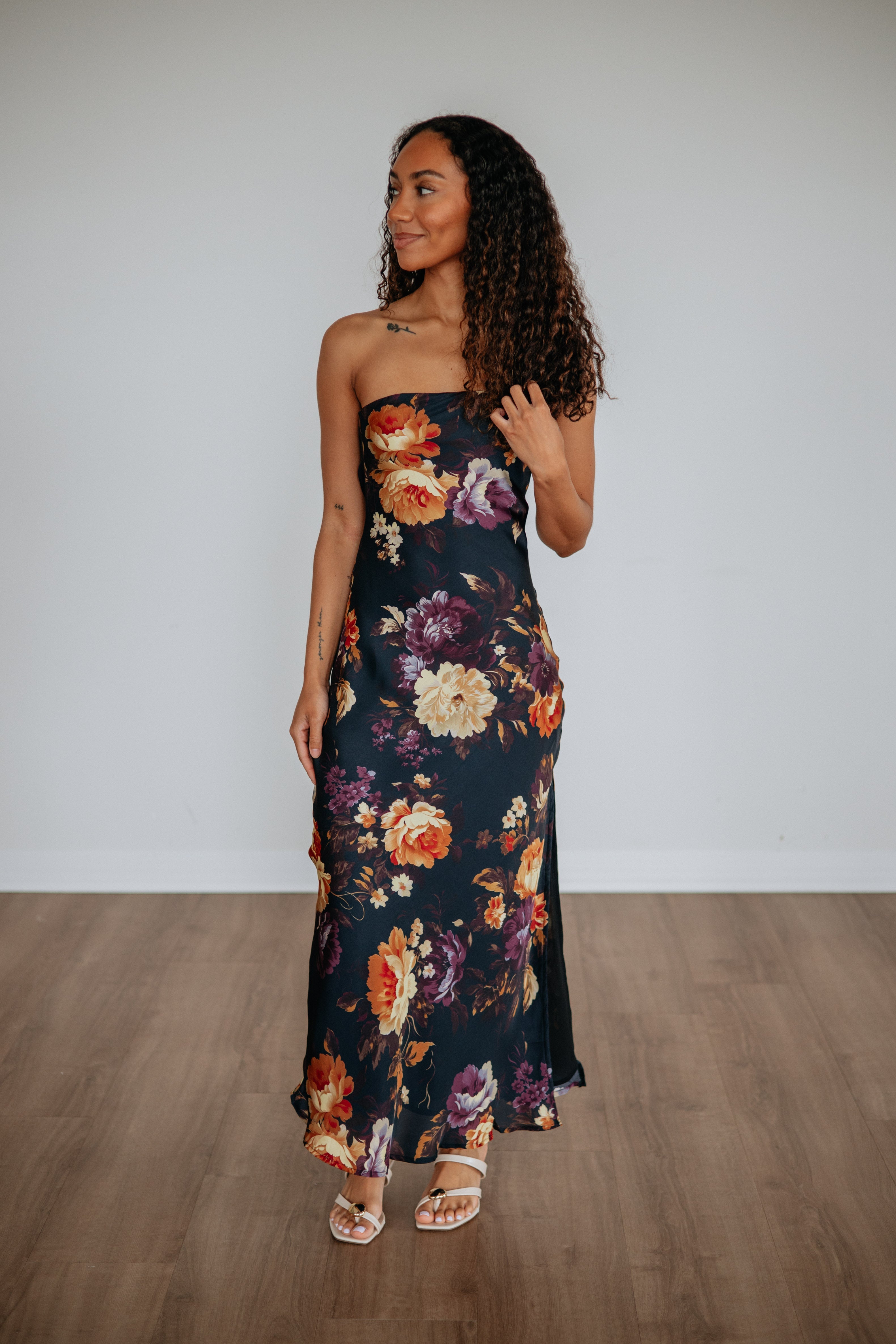 Strapless Bold Floral Satin Maxi Dress in Navy Polyester