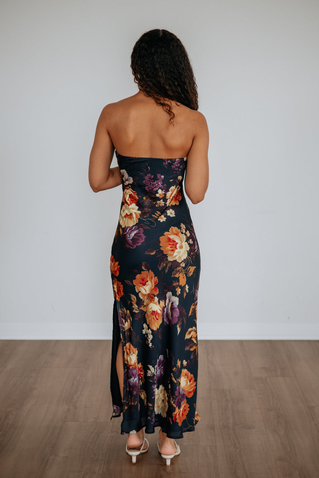 Strapless Bold Floral Satin Maxi Dress in Navy Polyester