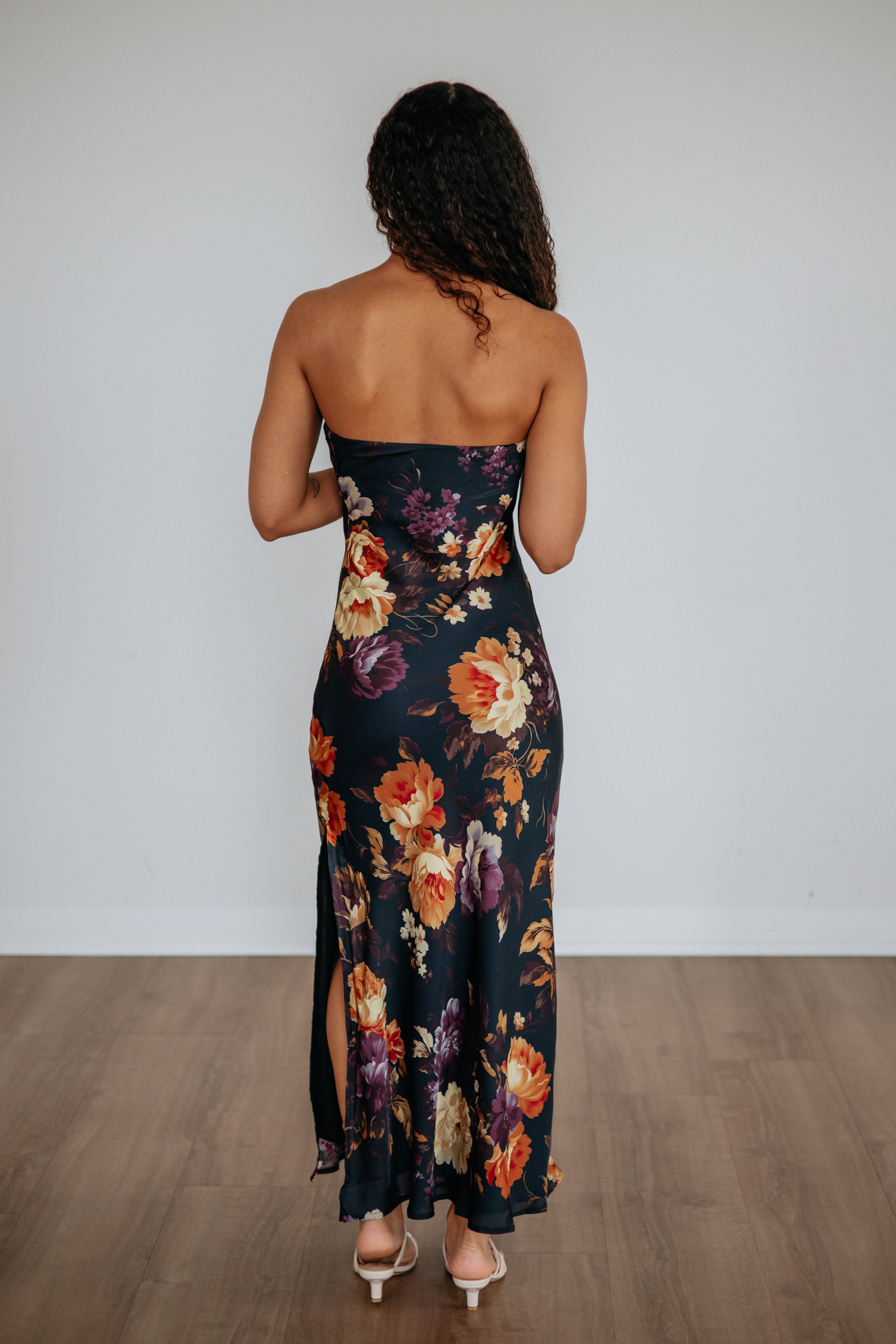 Strapless Bold Floral Satin Maxi Dress in Navy Polyester