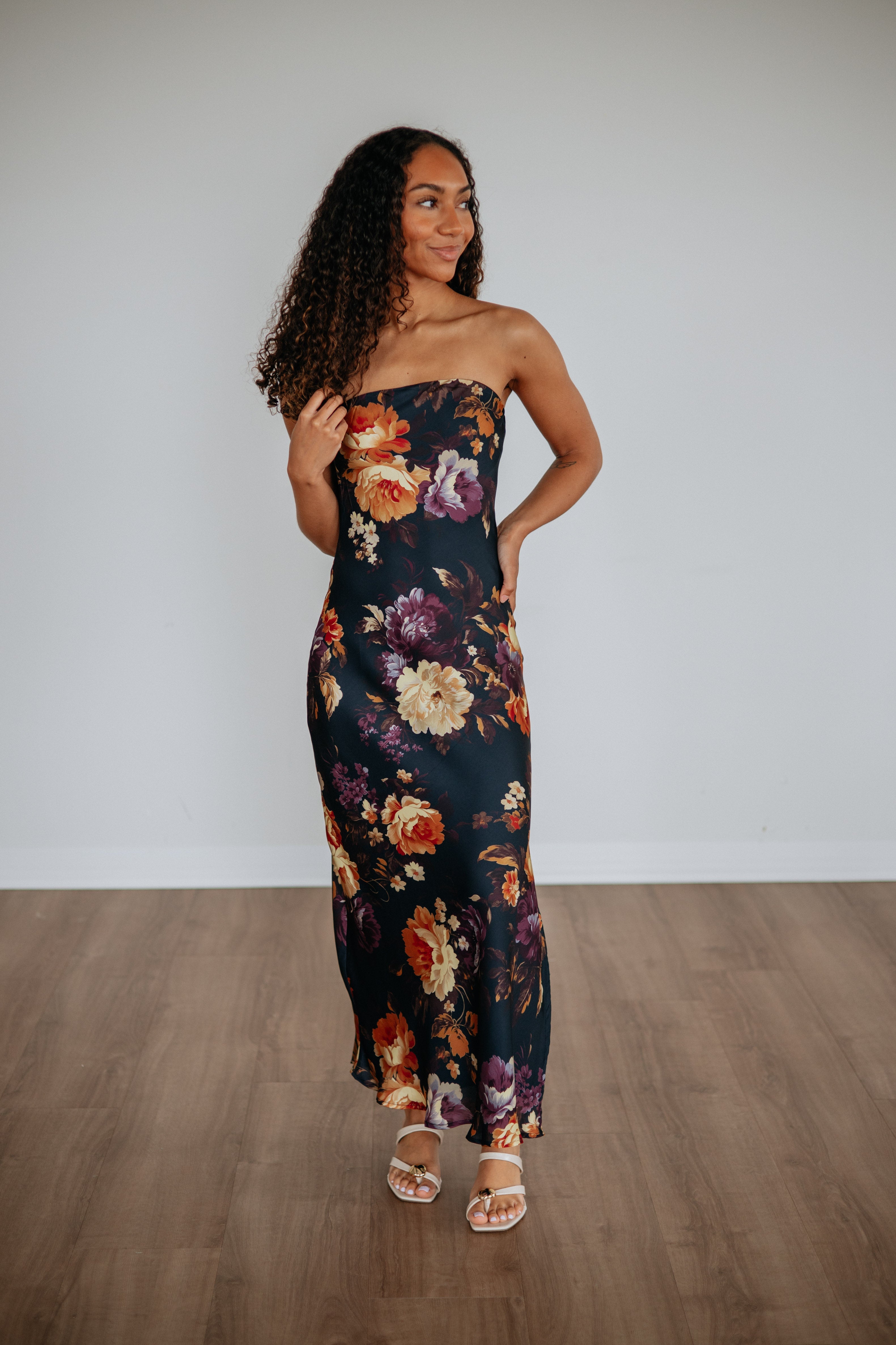 Strapless Bold Floral Satin Maxi Dress in Navy Polyester