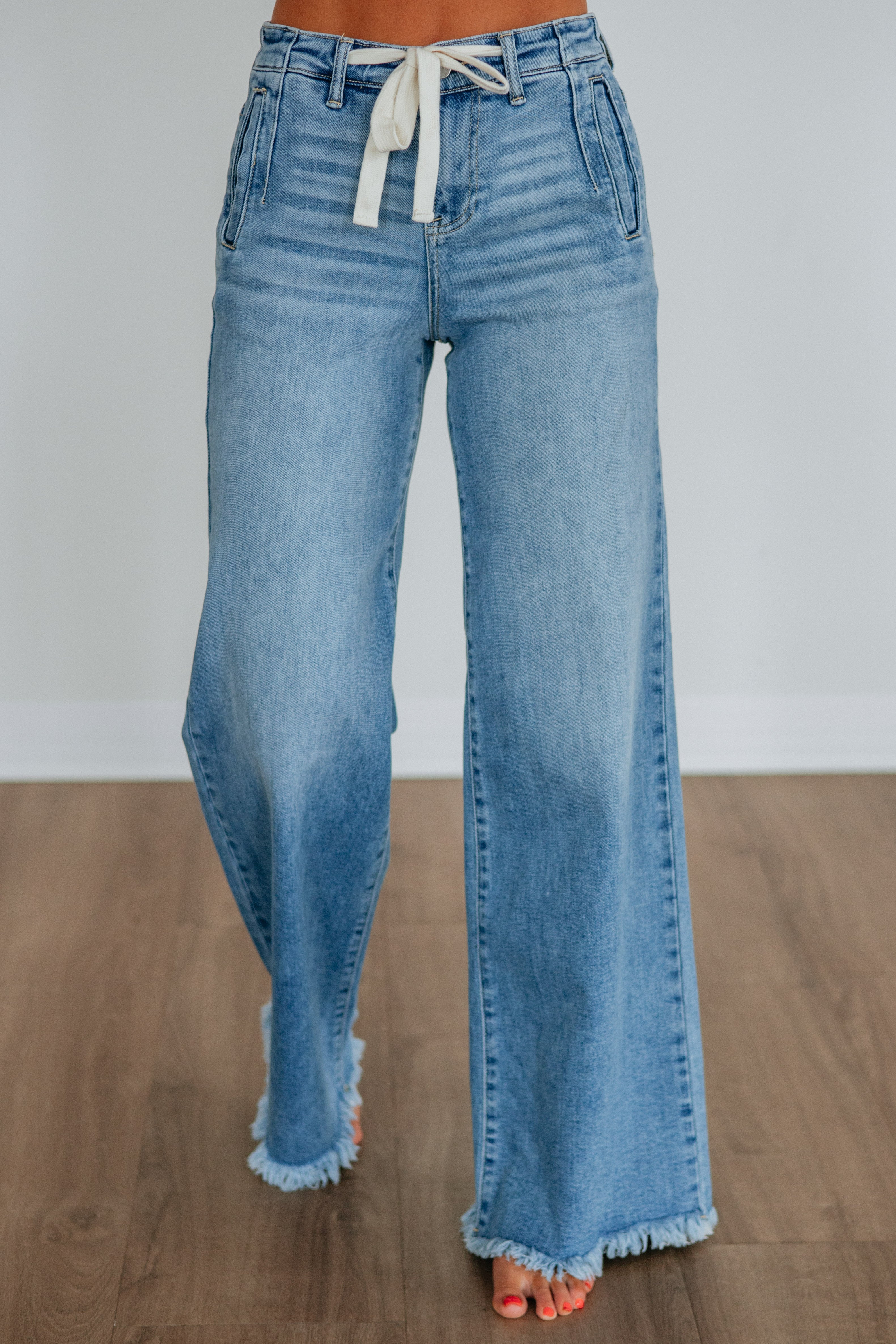 High Rise Wide Leg Drawstring Raw Hem Long Inseam Jeans in Medium Wash