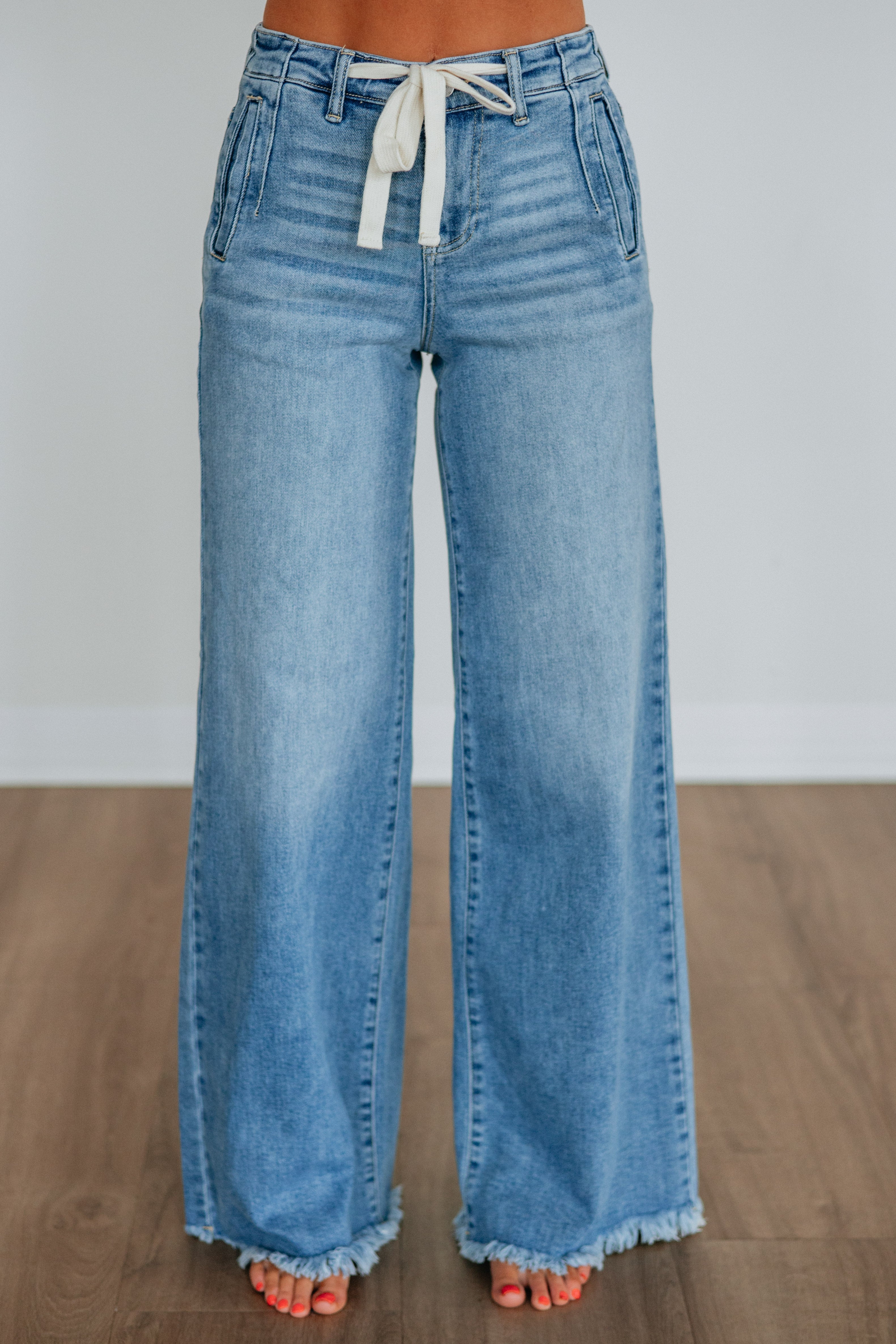 High Rise Wide Leg Drawstring Raw Hem Long Inseam Jeans in Medium Wash