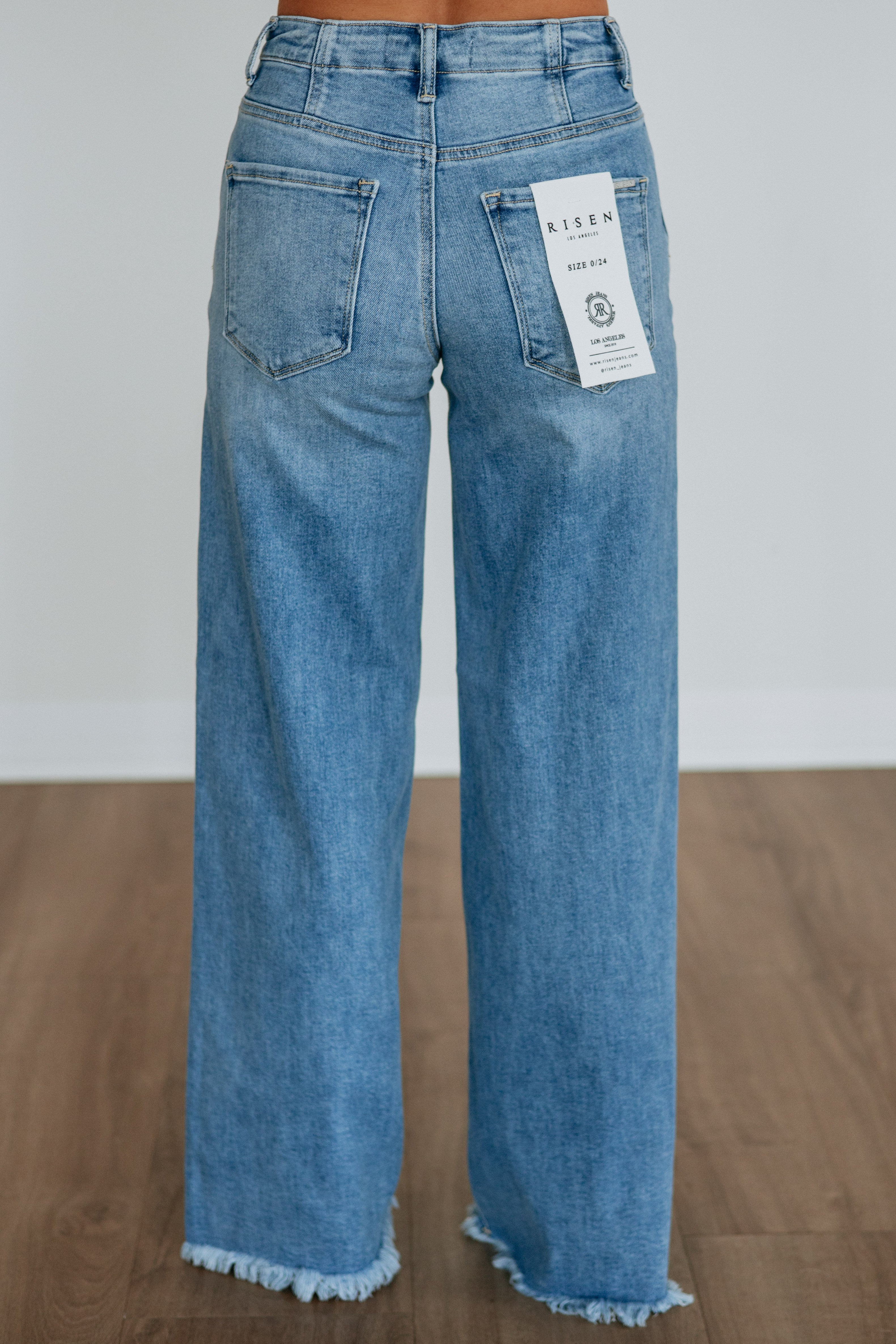 High Rise Wide Leg Drawstring Raw Hem Long Inseam Jeans in Medium Wash