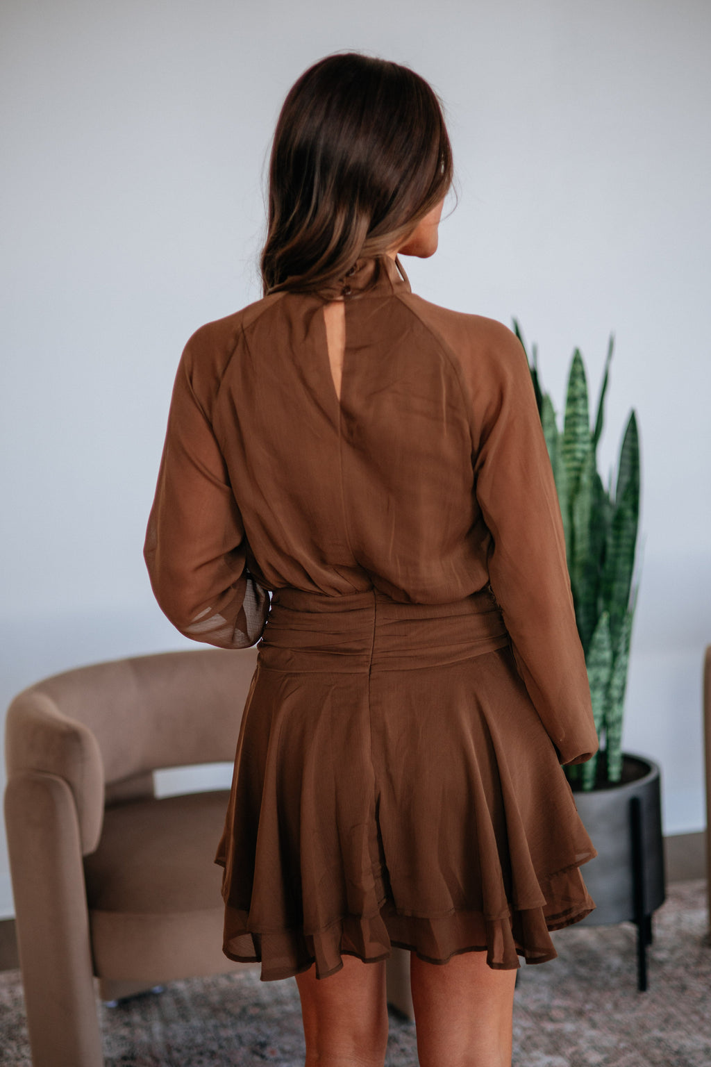 High Neck Balloon Sleeve Tiered Mini Dress in Cocoa Polyester