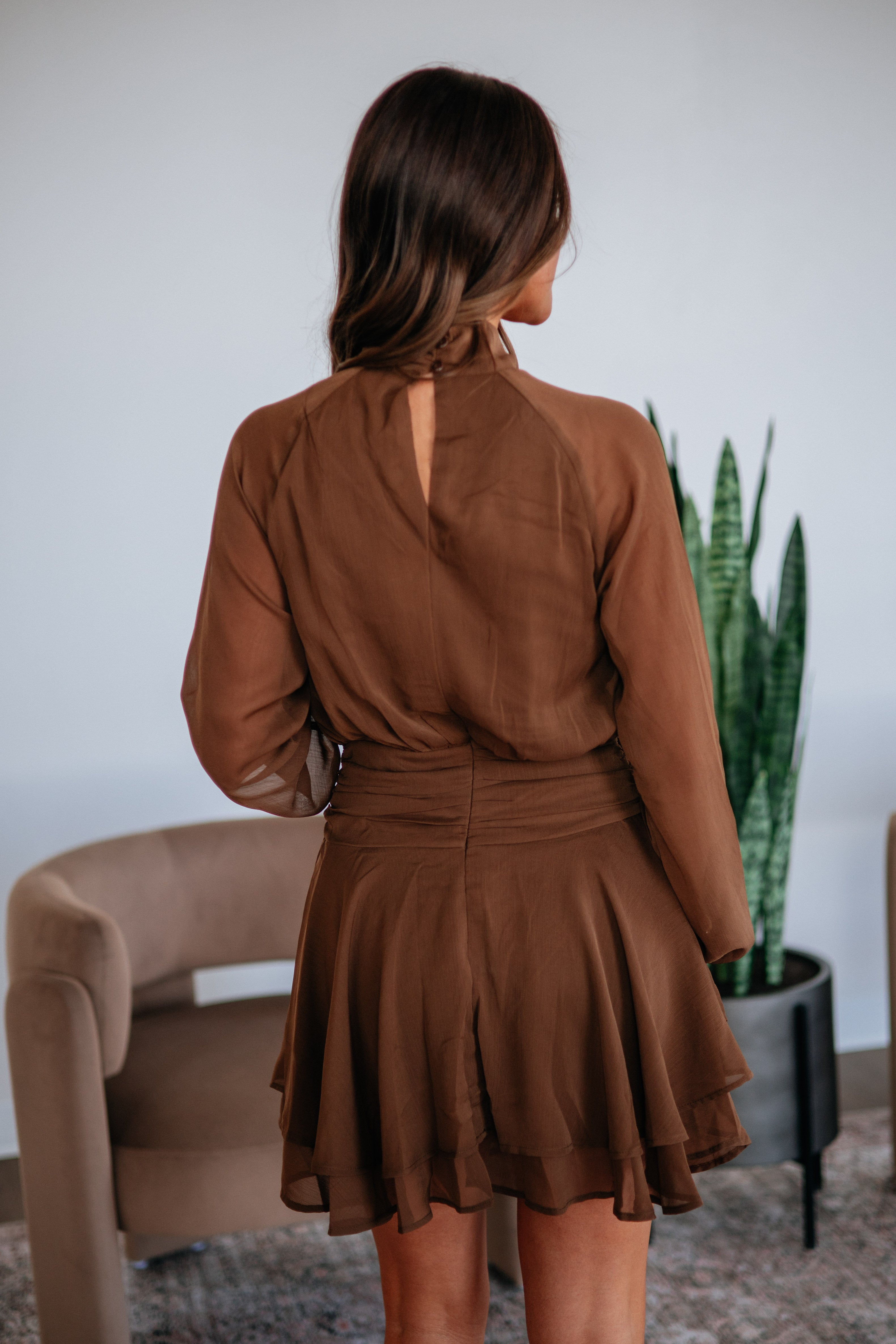 High Neck Balloon Sleeve Tiered Mini Dress in Cocoa Polyester