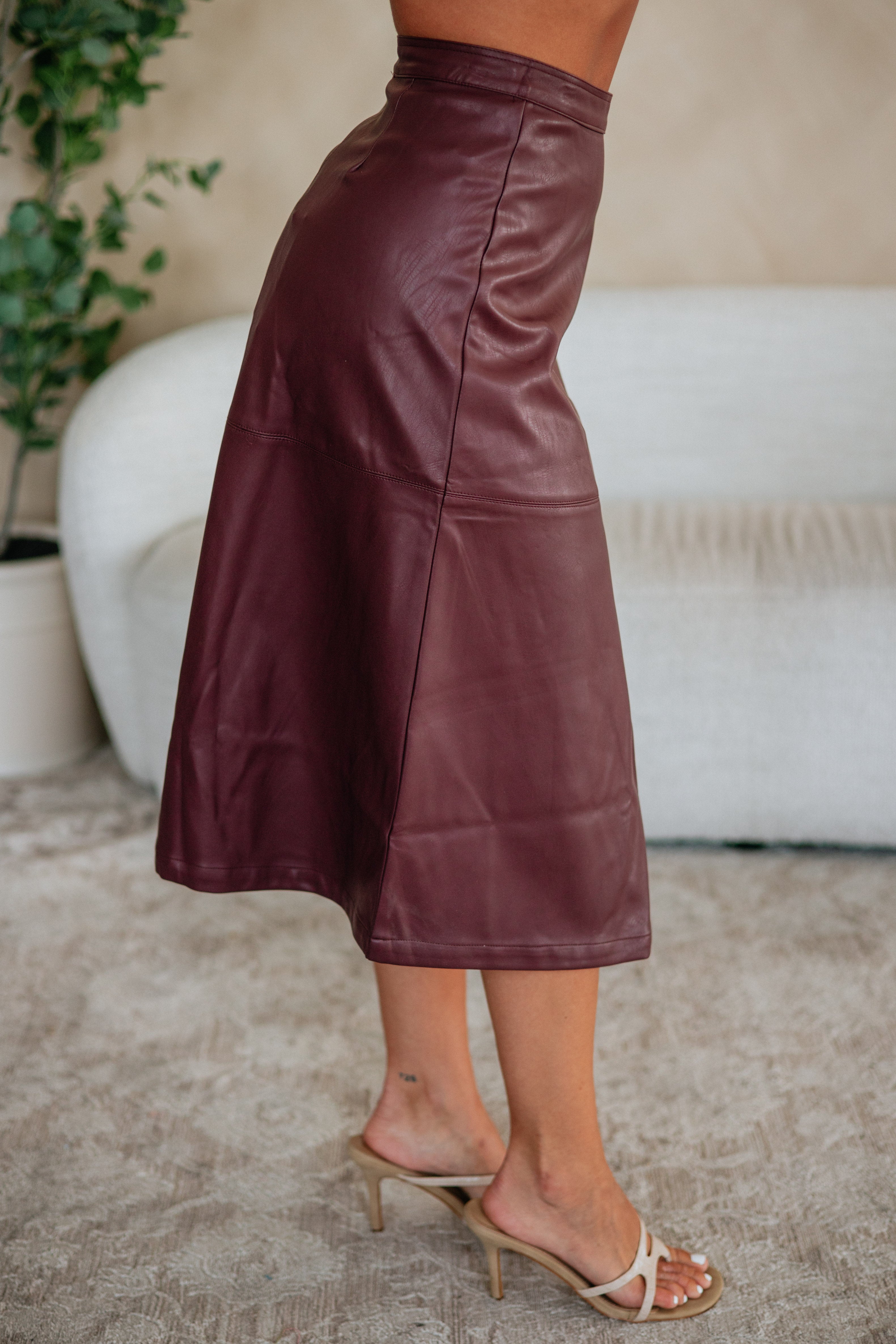 Paneled Faux Leather Midi Skirt in Burgundy