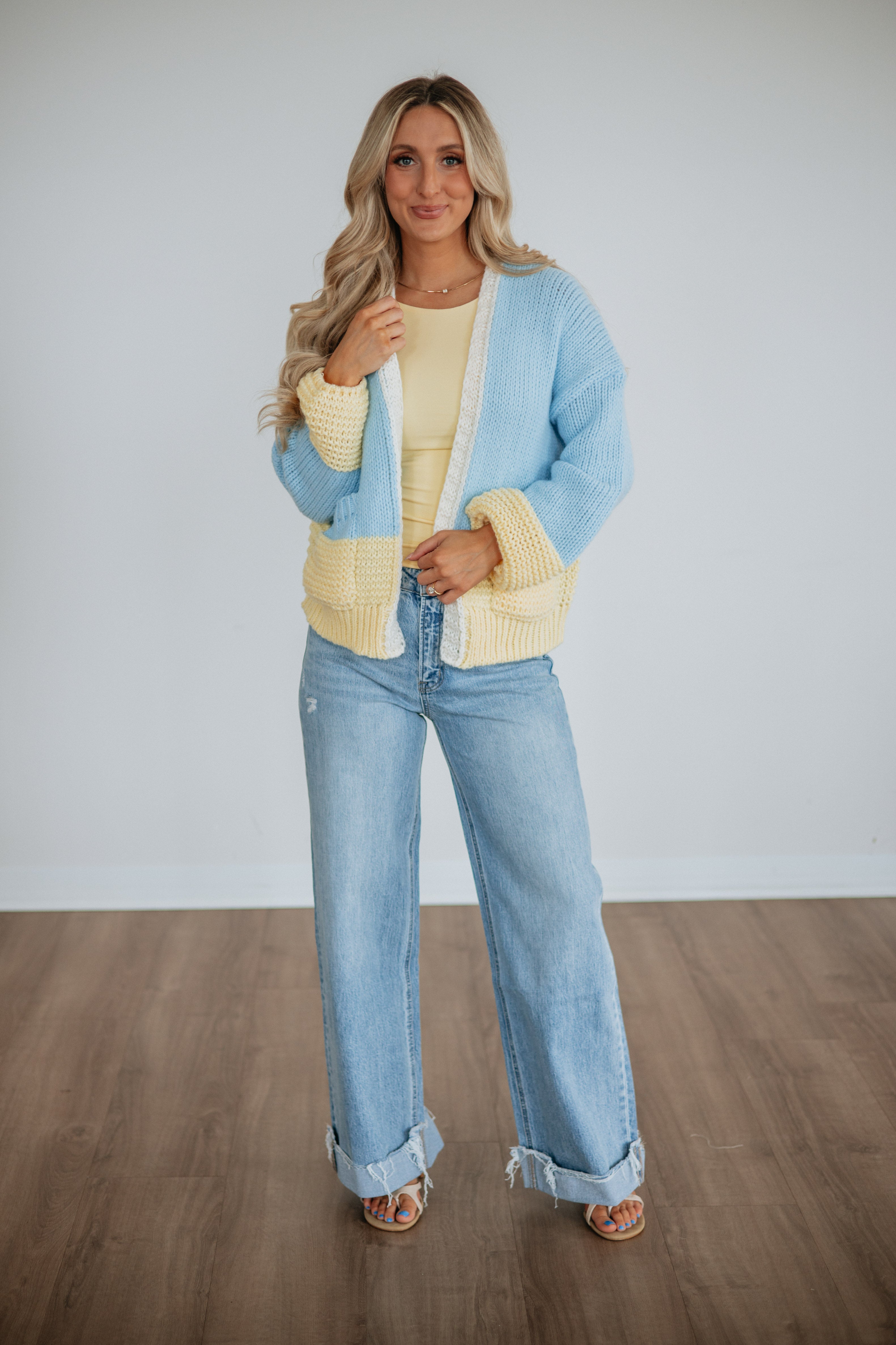 Open Front Long Sleeve Colorblock Chunky Knit Cardigan in Sky Blue