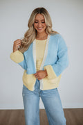 Open Front Long Sleeve Colorblock Chunky Knit Cardigan in Sky Blue