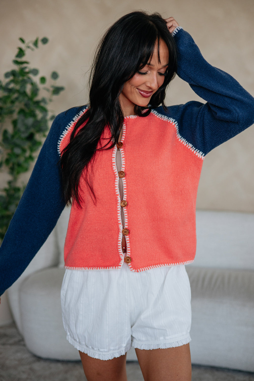 Round Neck Long Sleeve Colorblock Whipstitch Sweater Knit Cardigan