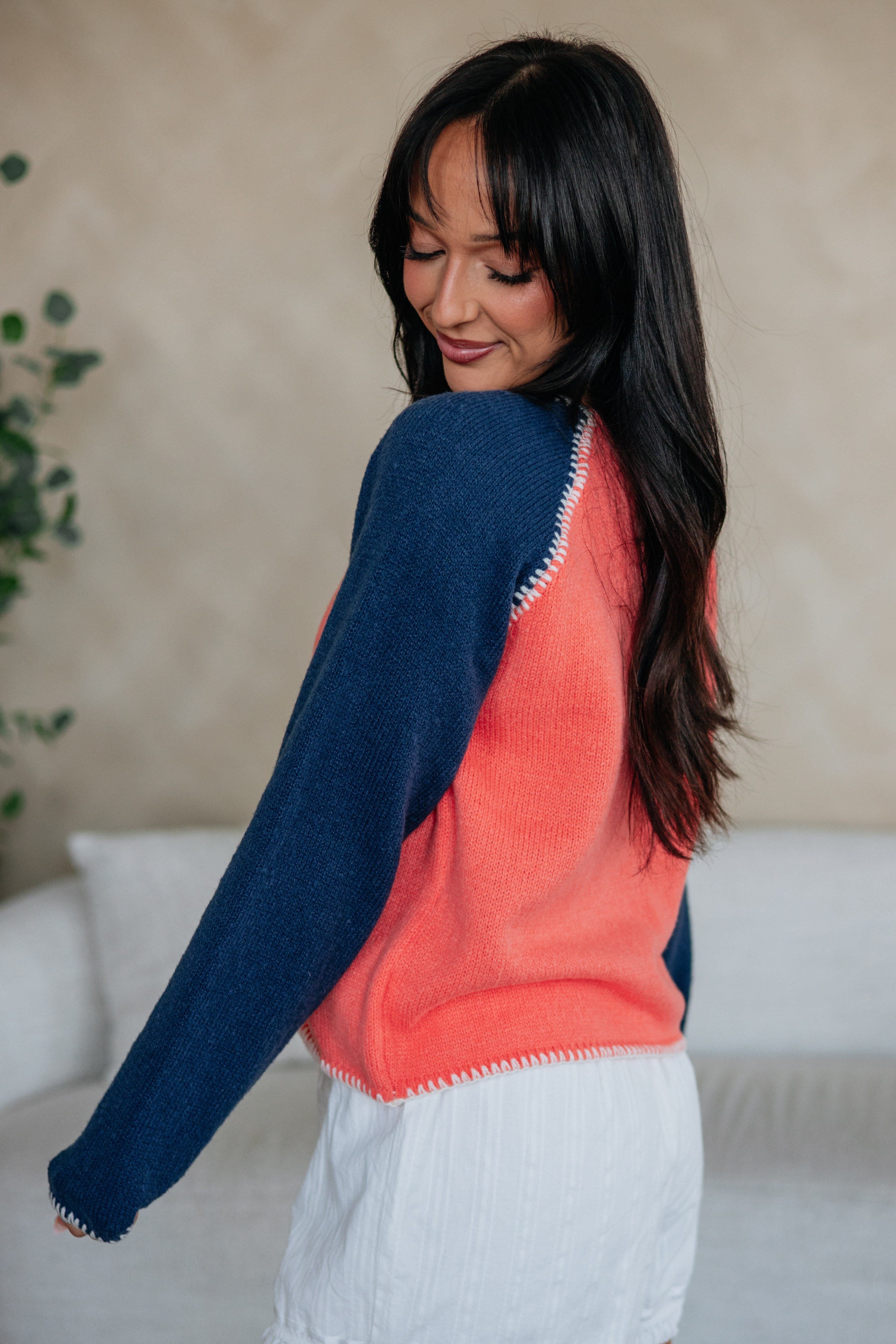 Round Neck Long Sleeve Colorblock Whipstitch Sweater Knit Cardigan