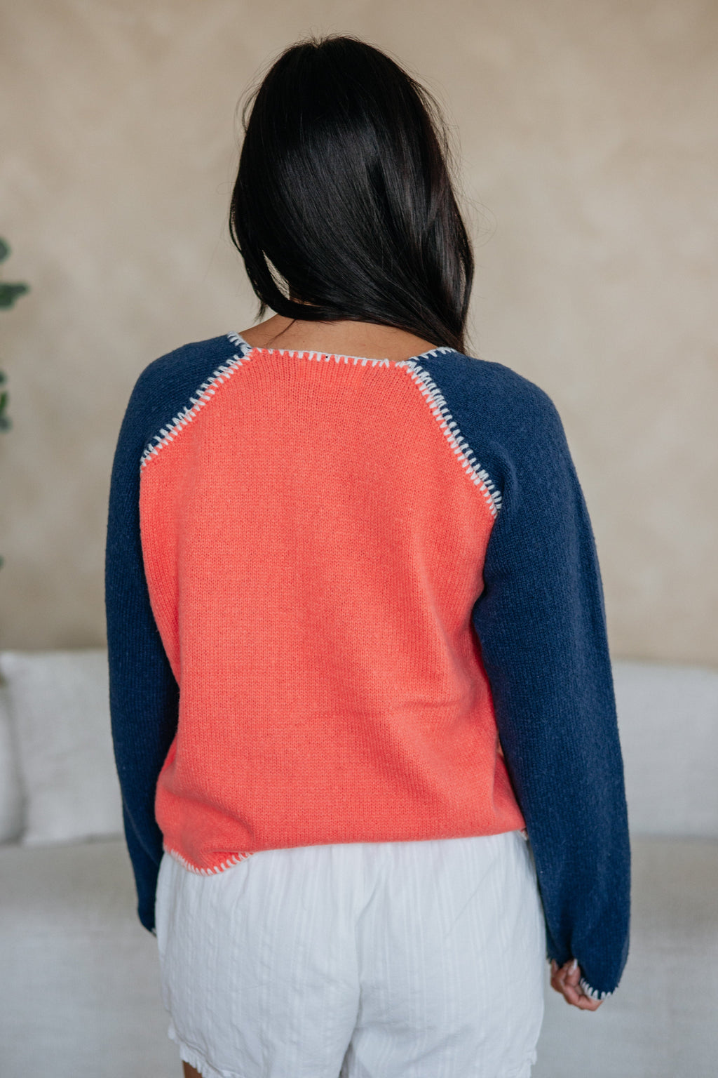 Round Neck Long Sleeve Colorblock Whipstitch Sweater Knit Cardigan