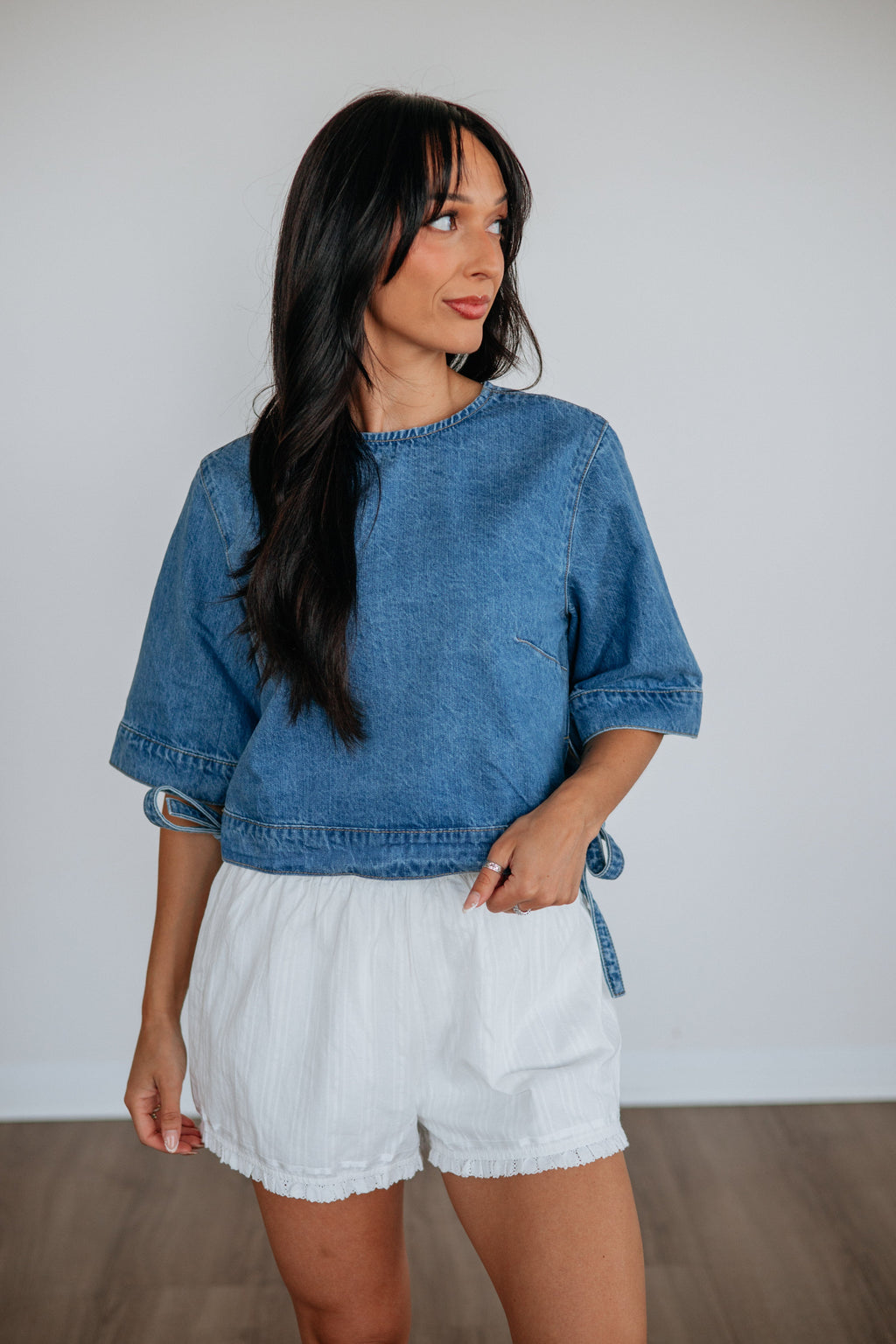 High Rise Embroidered Ruffled Cotton Shorts in Ivory