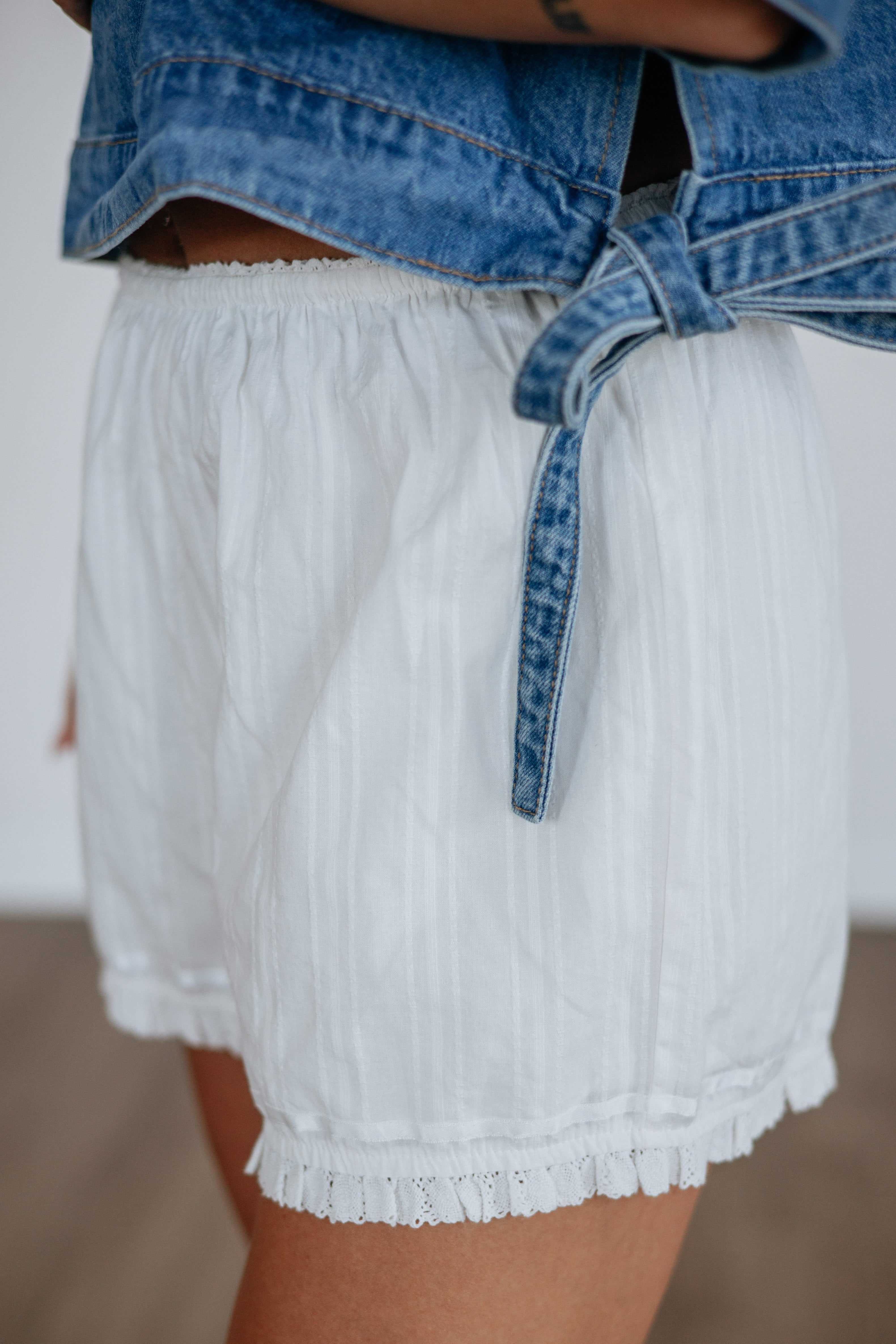 High Rise Embroidered Ruffled Cotton Shorts in Ivory