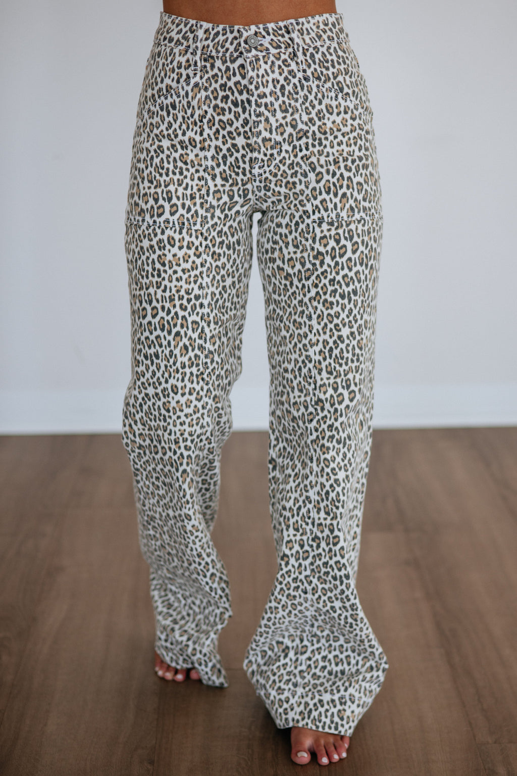 High Rise Leopard Print Flare Leg Long Inseam Jeans