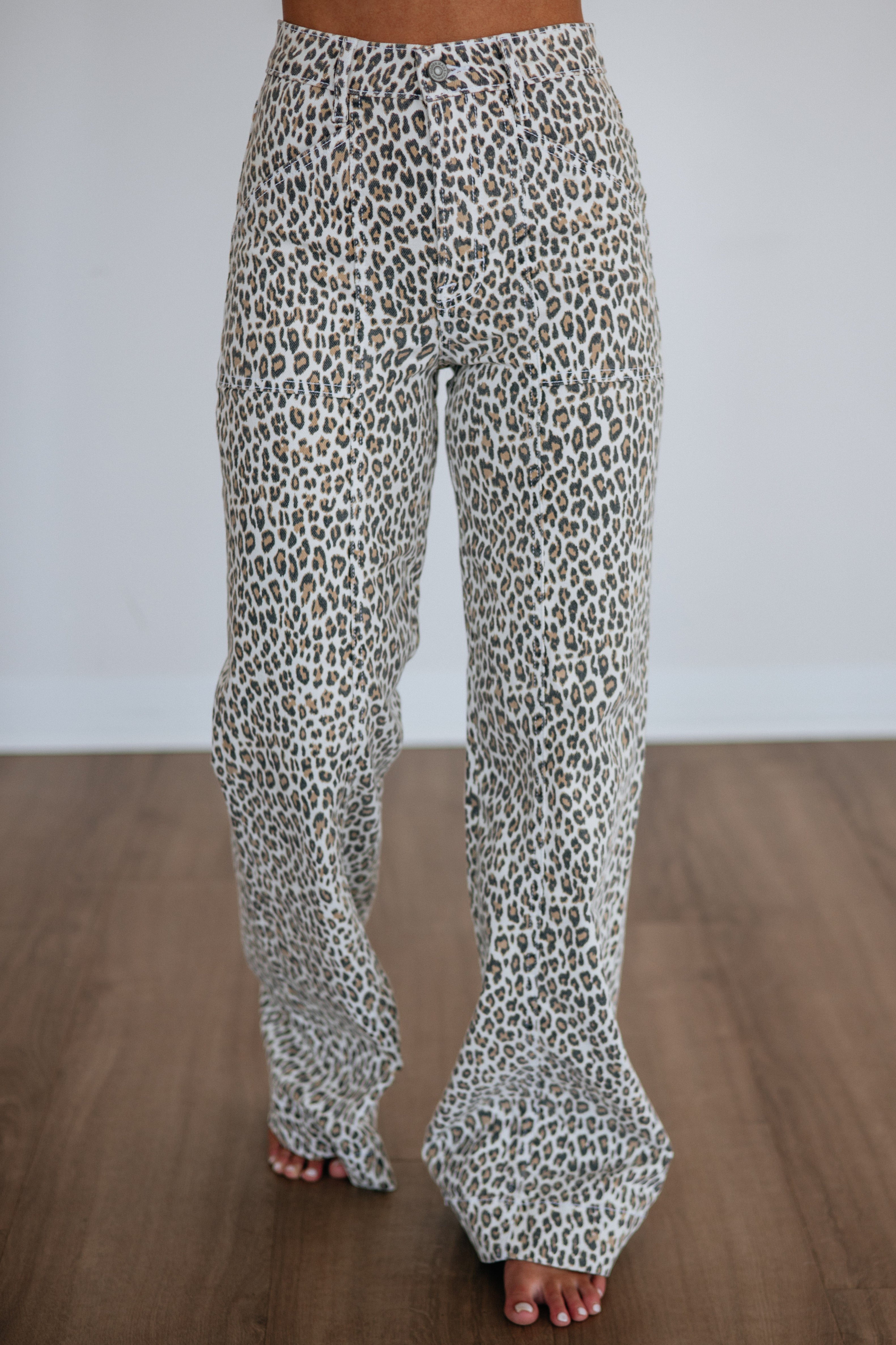 High Rise Leopard Print Flare Leg Long Inseam Jeans
