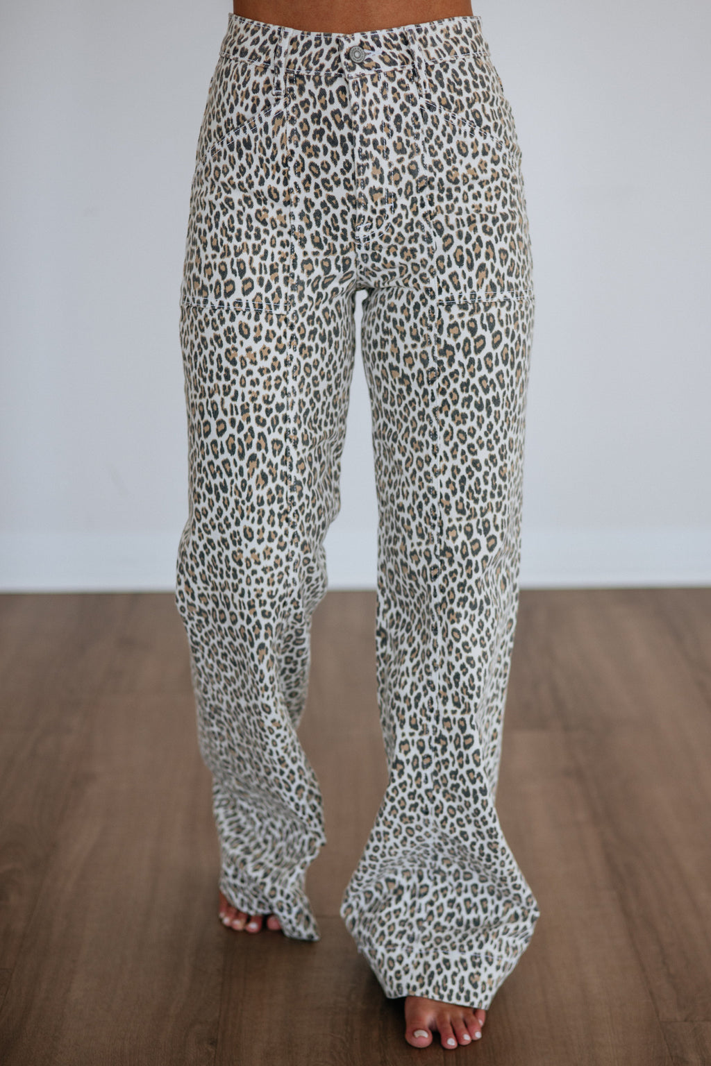 High Rise Leopard Print Flare Leg Long Inseam Jeans