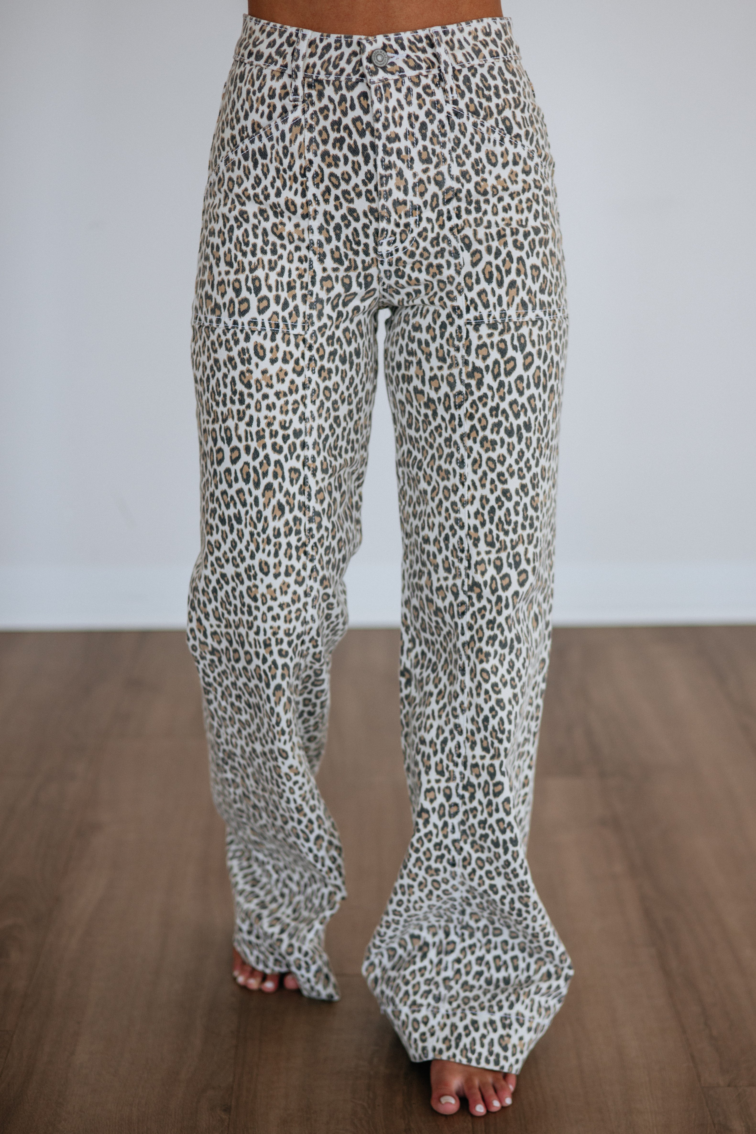 High Rise Leopard Print Flare Leg Long Inseam Jeans