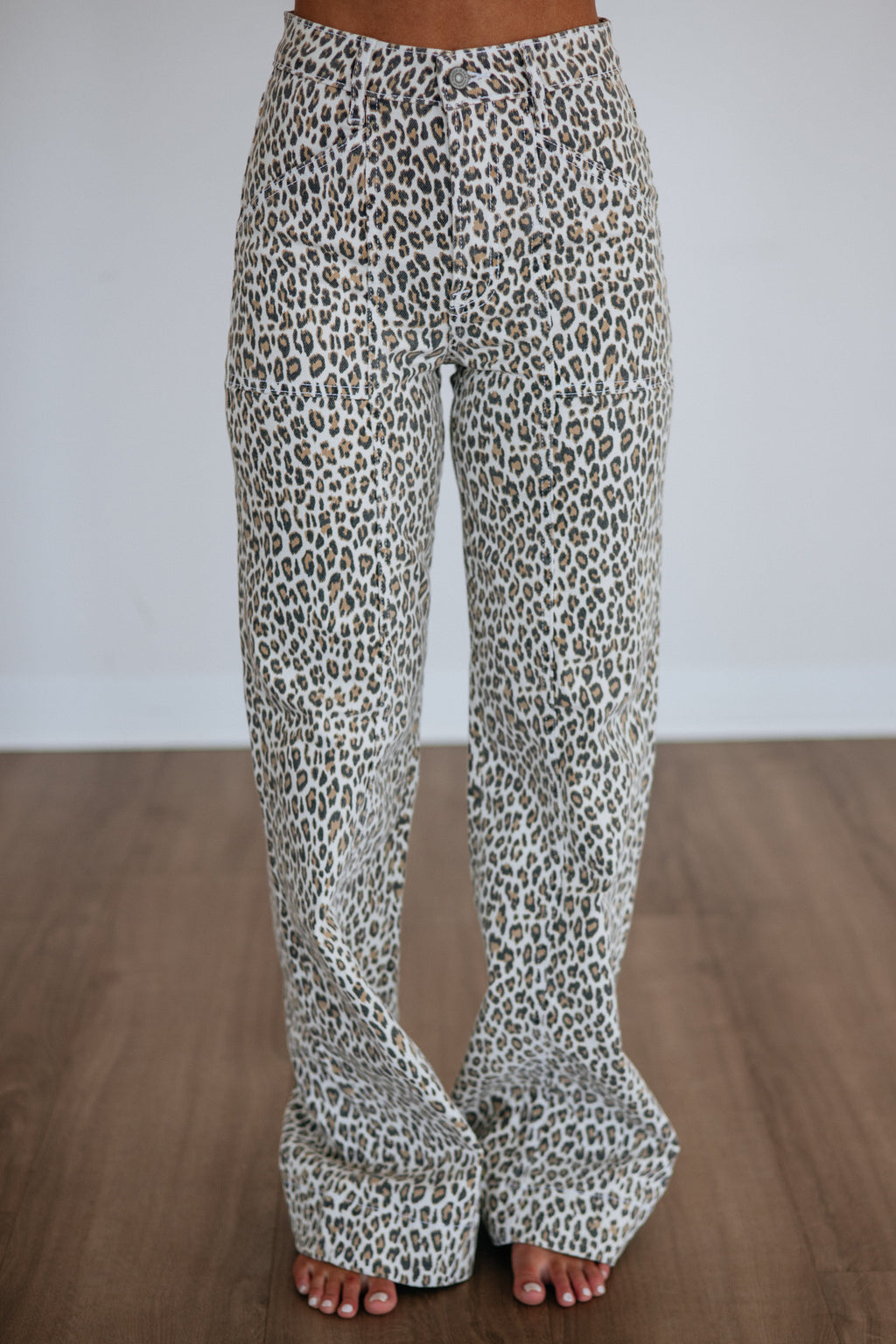 High Rise Leopard Print Flare Leg Long Inseam Jeans