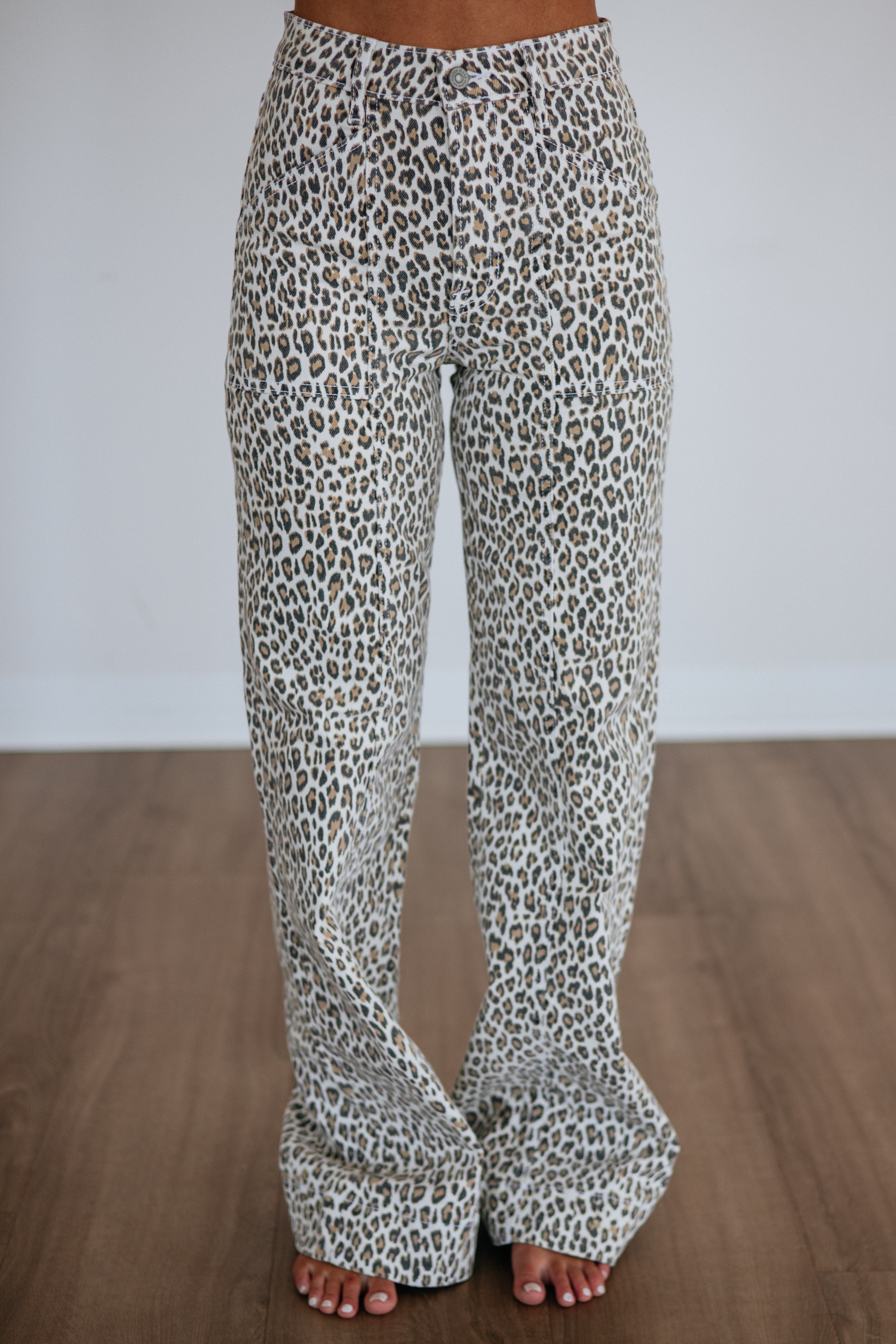 High Rise Leopard Print Flare Leg Long Inseam Jeans