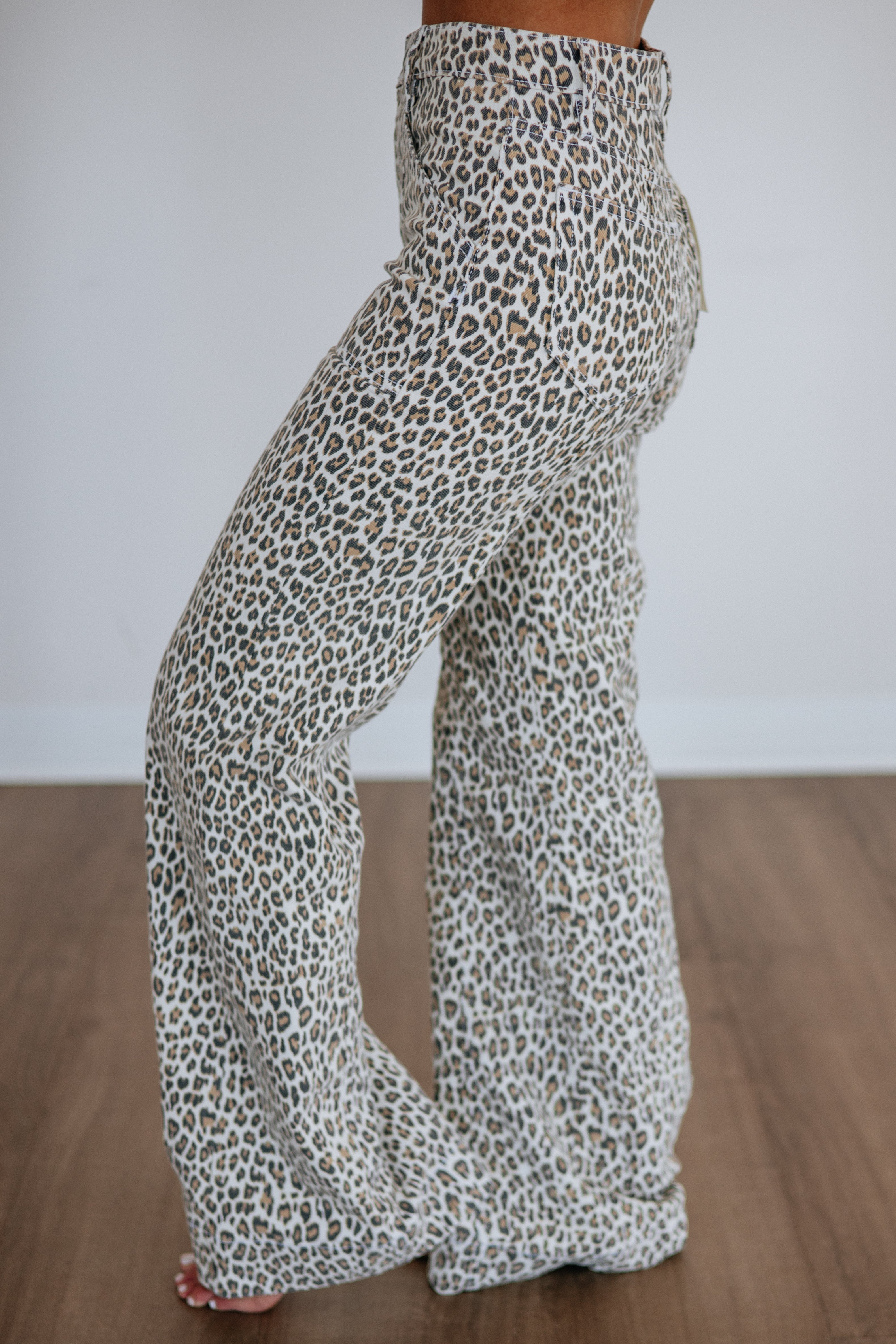 High Rise Leopard Print Flare Leg Long Inseam Jeans
