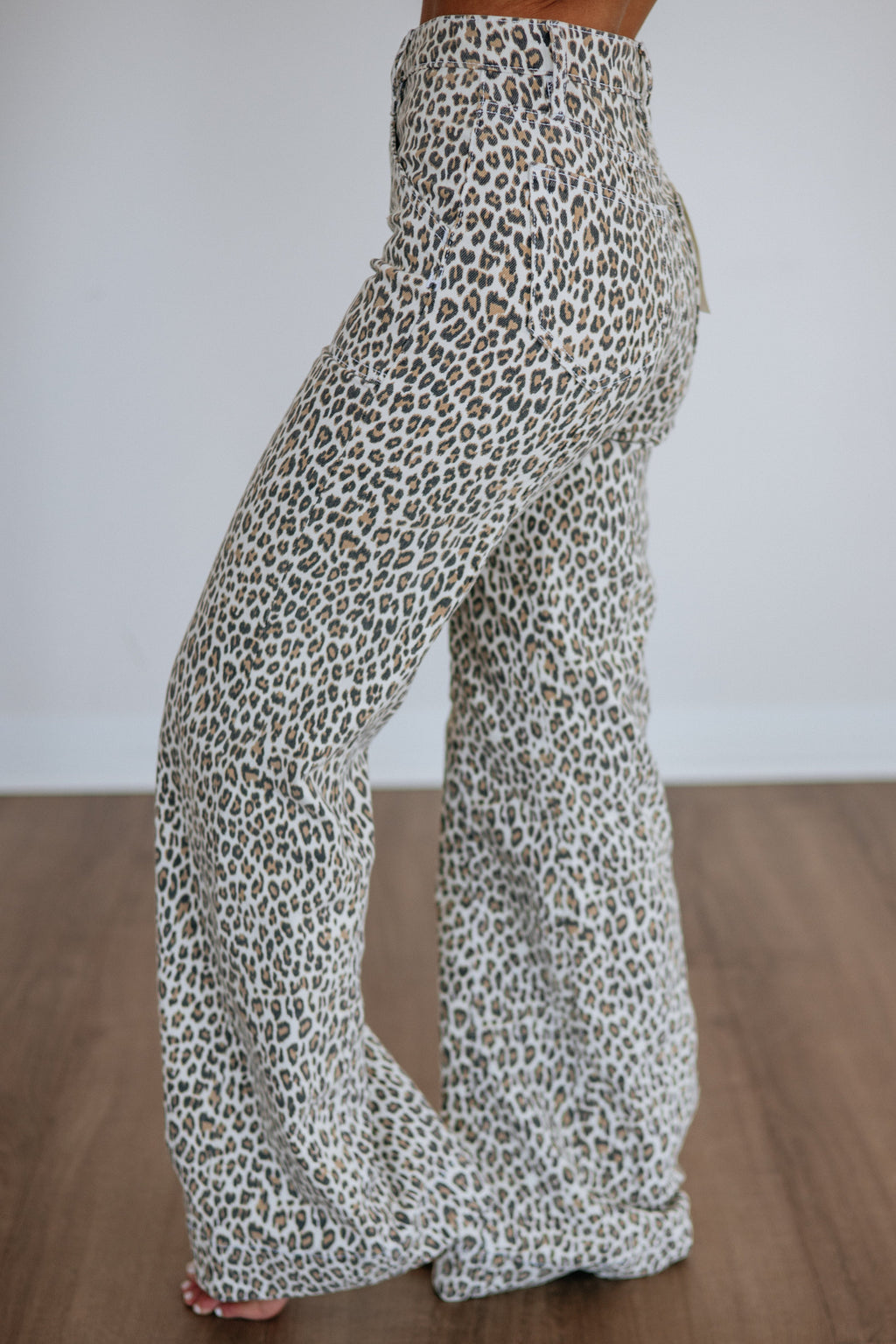 High Rise Leopard Print Flare Leg Long Inseam Jeans