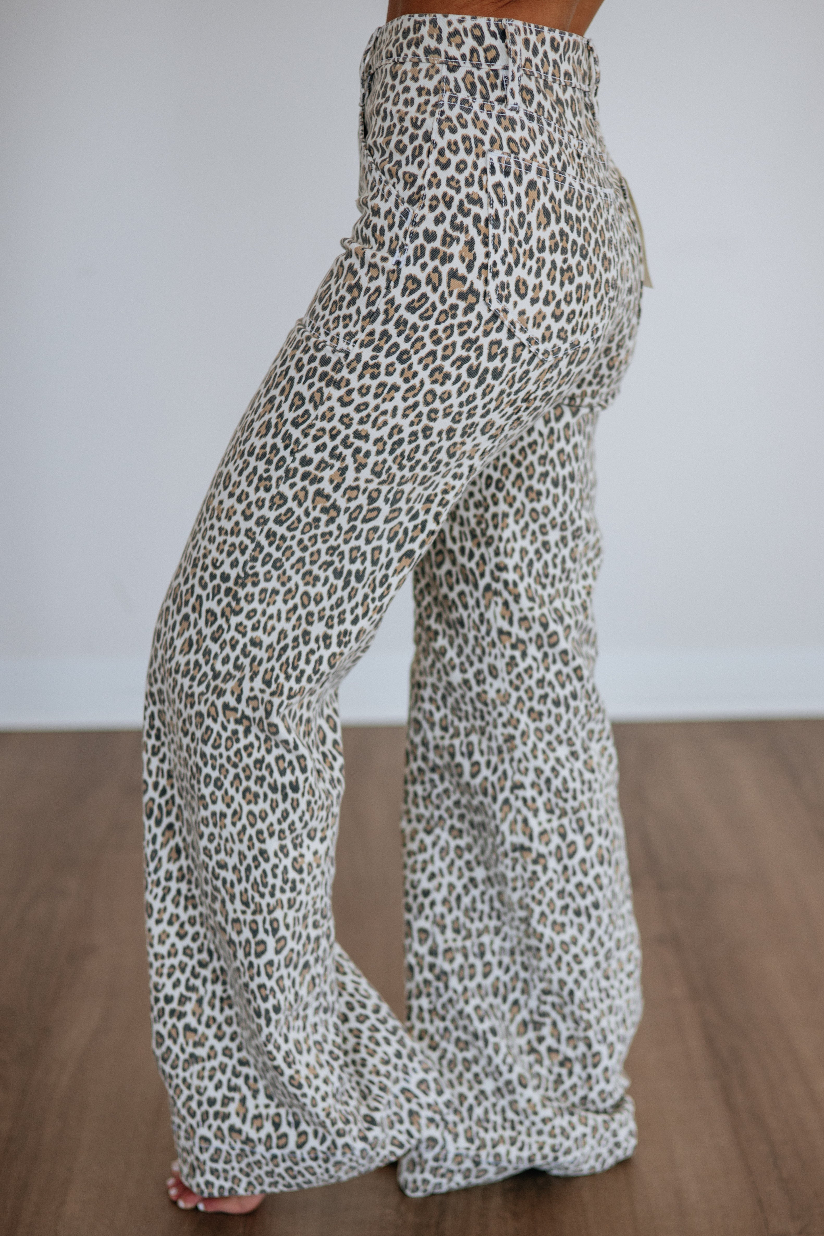 High Rise Leopard Print Flare Leg Long Inseam Jeans
